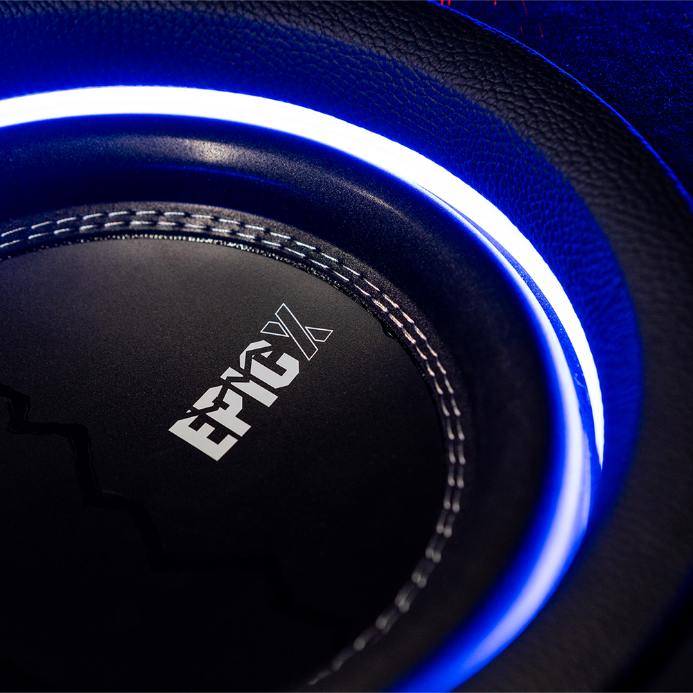 EpicX car subwoofer with 'Epic X' branding and blue LED light on a dark background