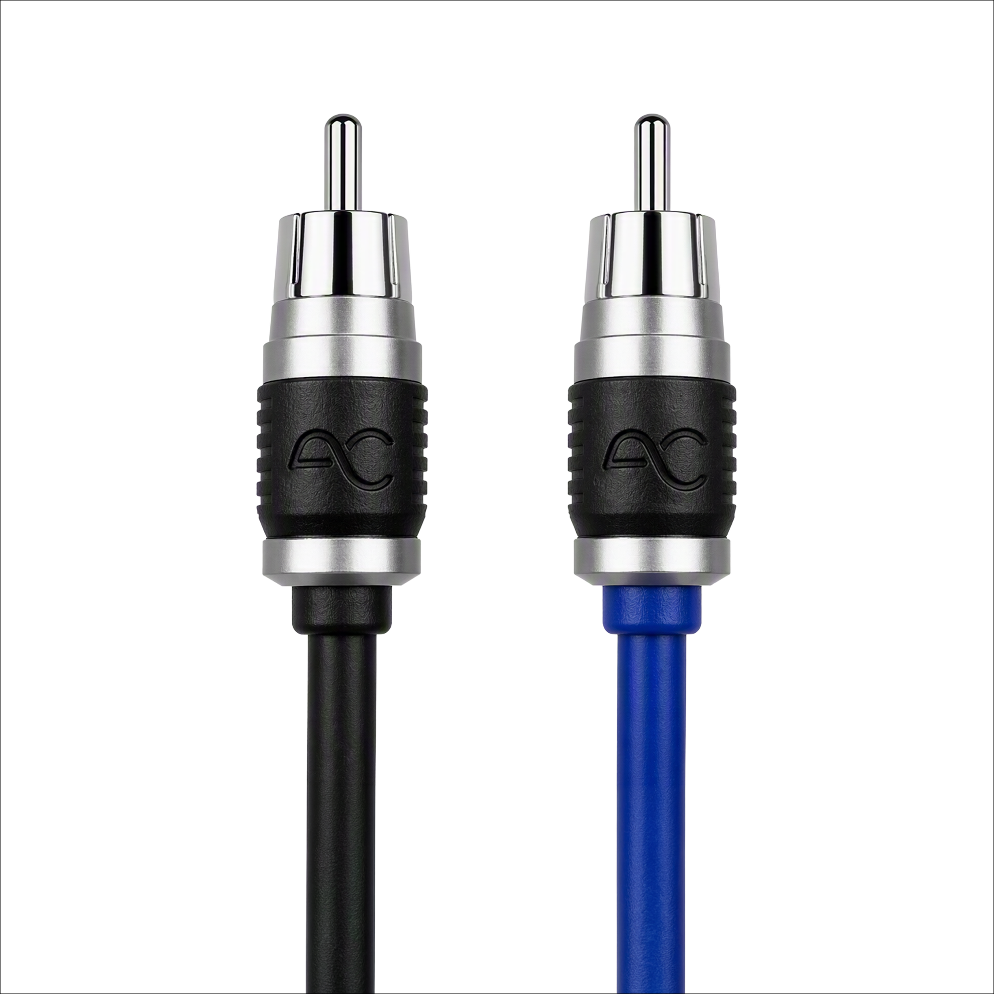Two RCA-style audio/video cable connectors shown against a white background, one with a black cable and one with a blue cable. Each connector has a silver metal top and a black ribbed section with an embossed AC logo.