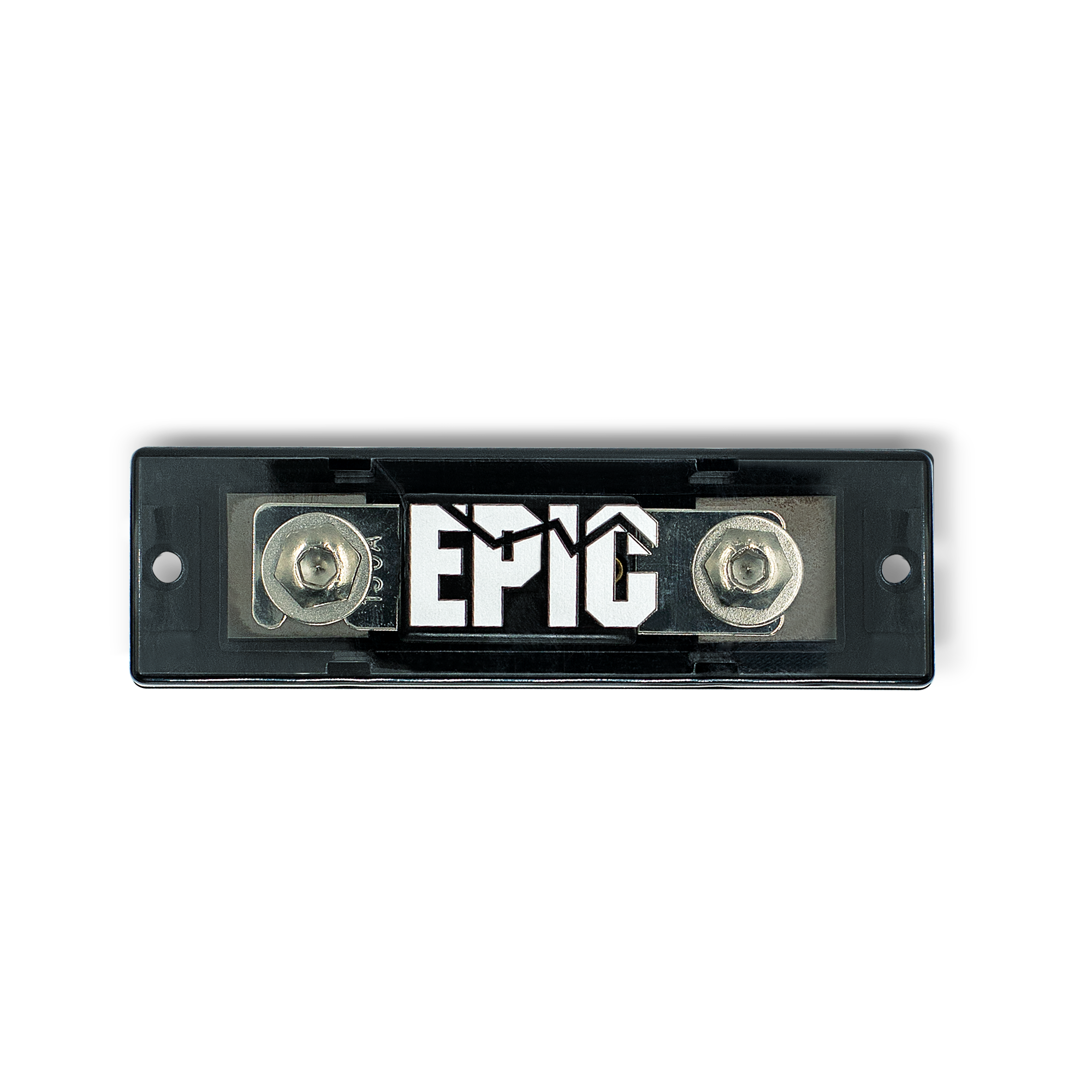 A black rectangular automotive electrical terminal block with two silver metal screw terminals and a prominent white 'EPIC' logo on the front, isolated on a white background.