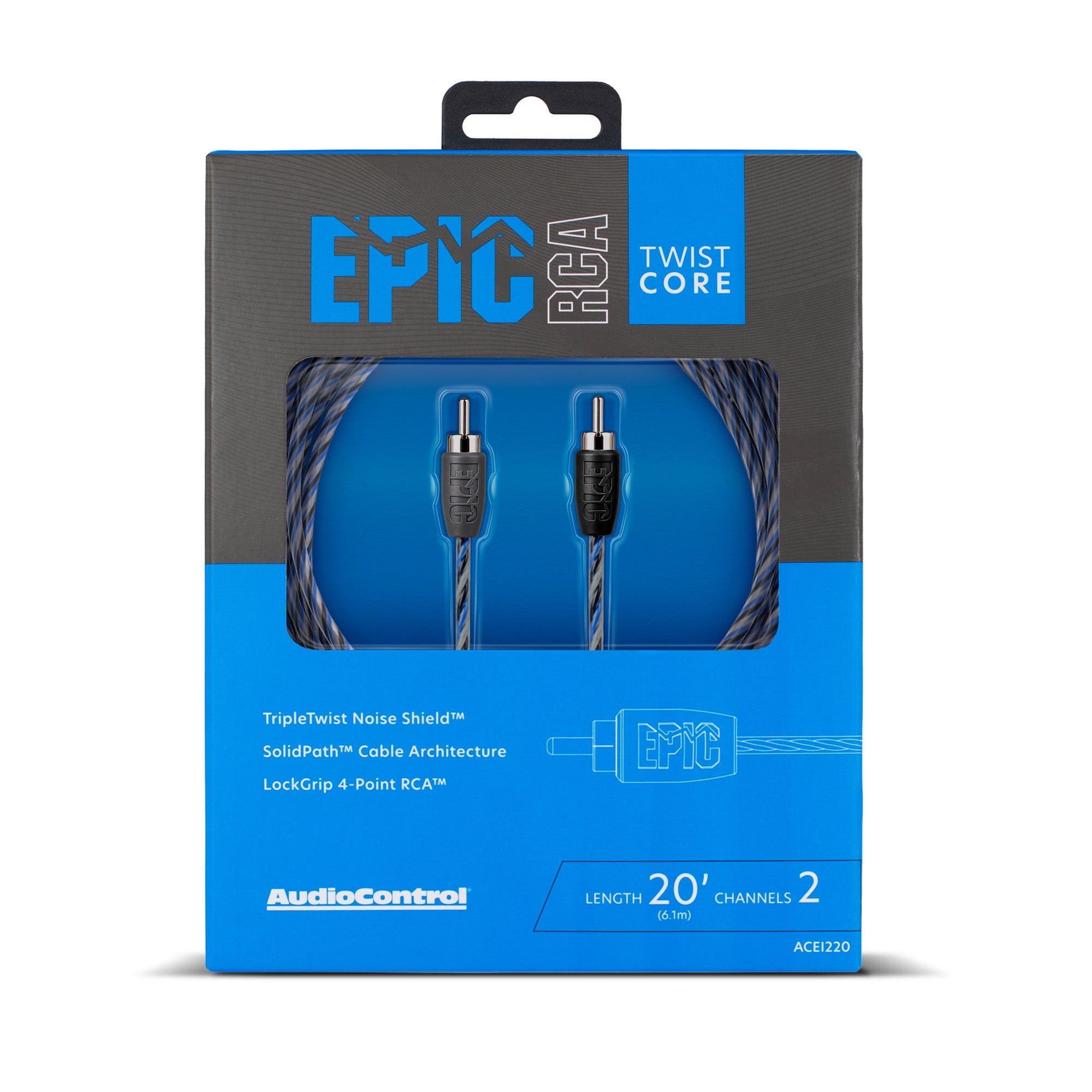 AudioControl Epic RCA Twisted Core 2-channel audio cable in its retail packaging, featuring a blue and dark gray box with a clear window showing the braided cable and RCA connectors.