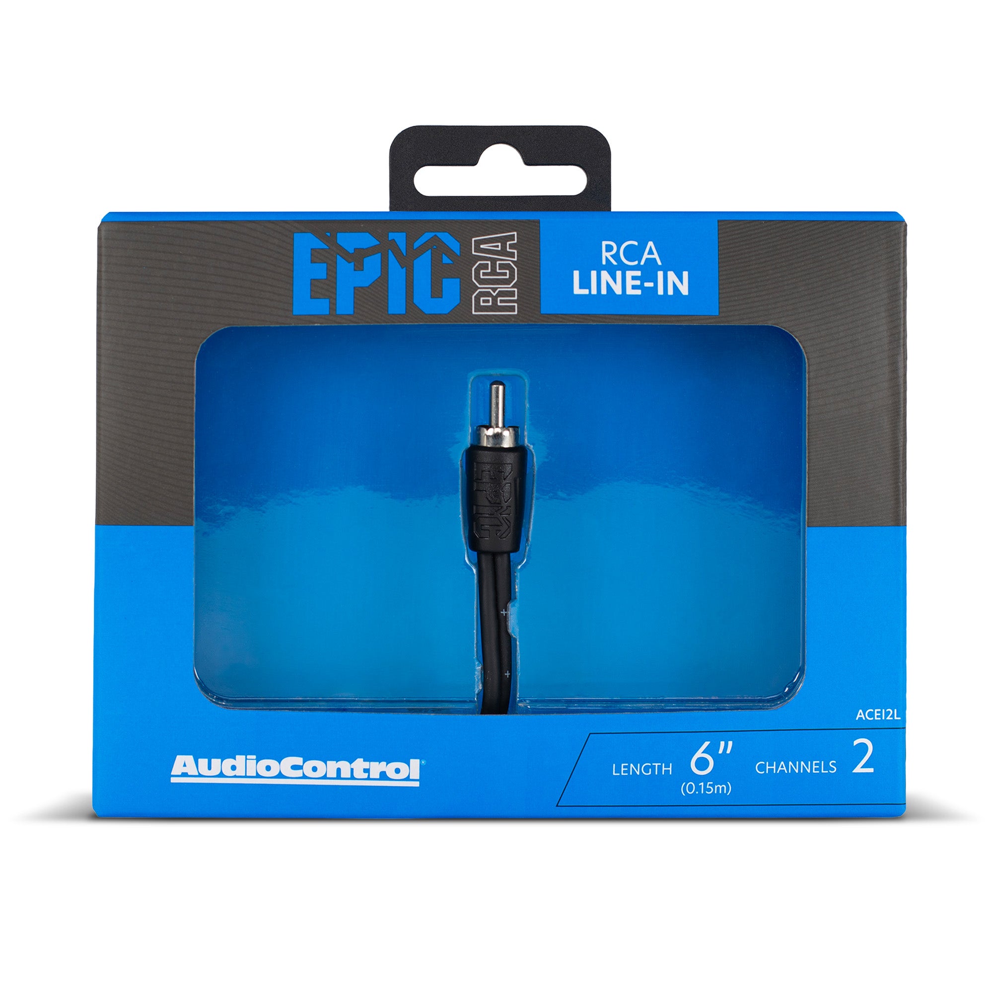 AudioControl EpiC RCA Line-In adapter cable in retail packaging, featuring a blue and black box with a visible 2-pin plug through a clear window.