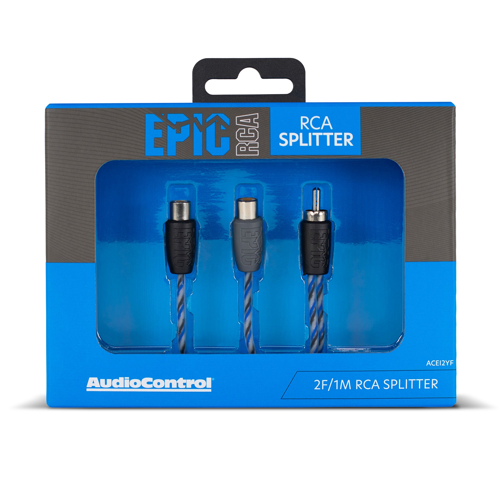 AudioControl Epic RCA Splitter 2F/1M cable in its retail packaging, featuring a blue and gray box with a clear window showing the black, gray, and gold RCA connectors.