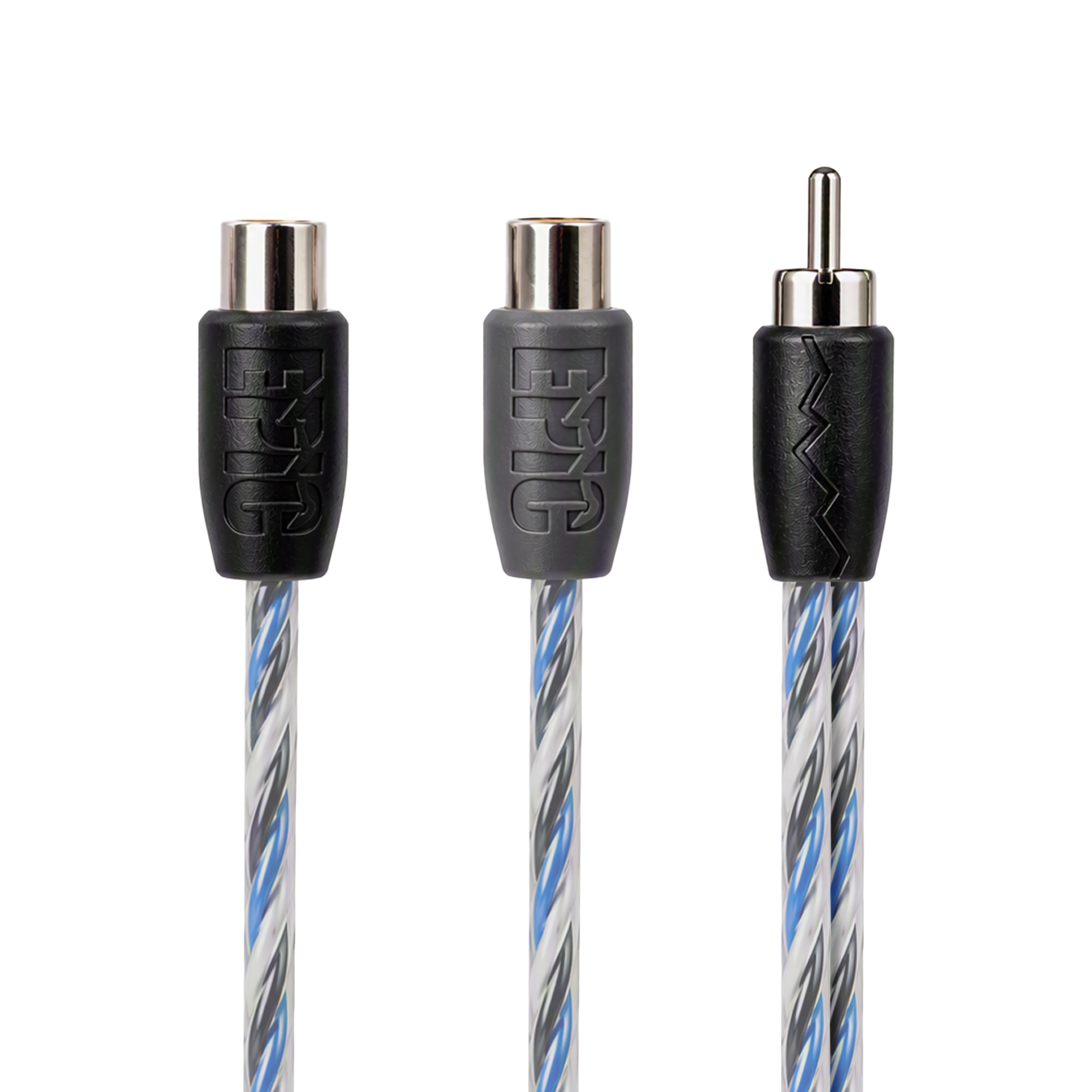 Three audio cable connectors shown against a white background, featuring a black and gray FR-3G cable with a blue and gray striped braided jacket.