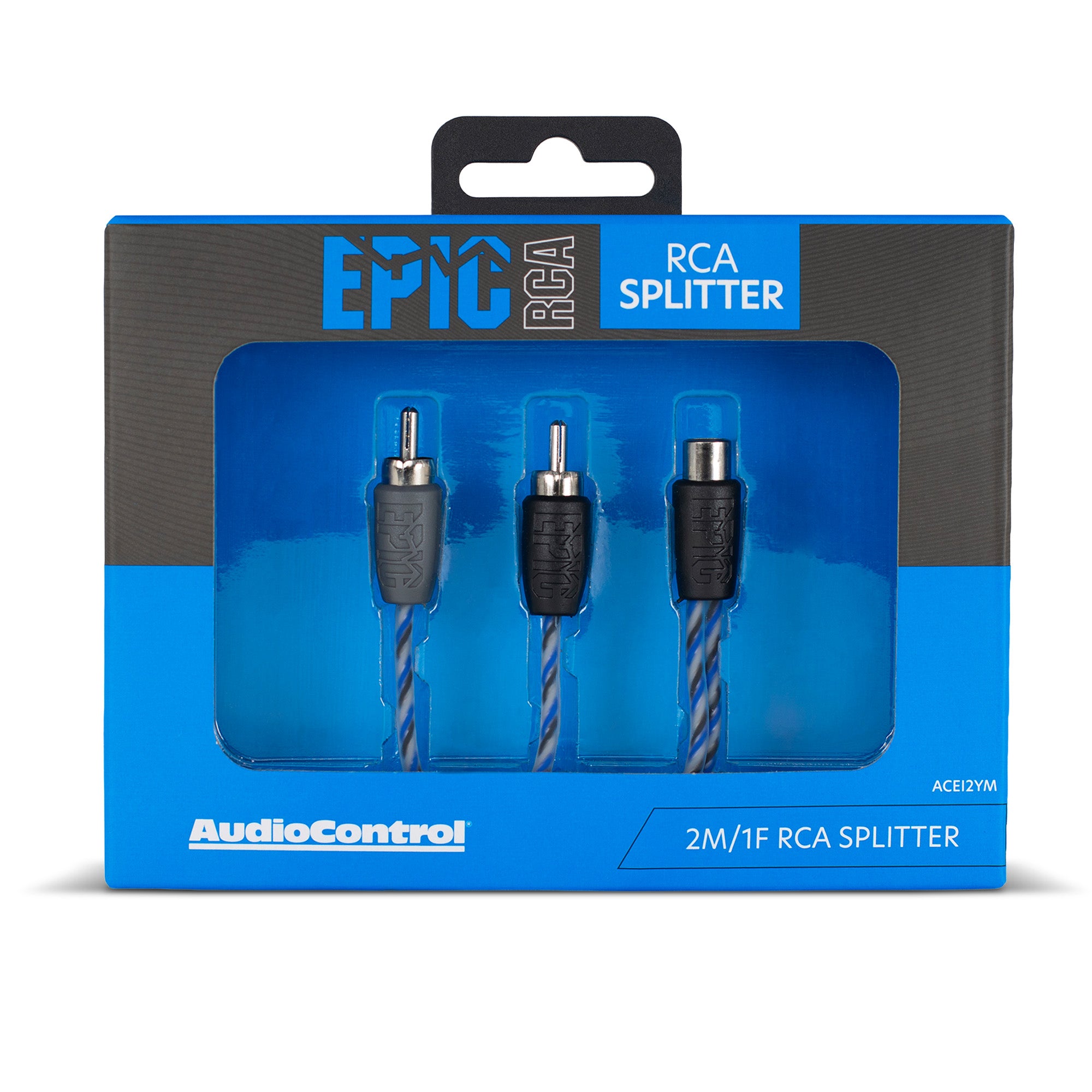 AudioControl Epic RCA Splitter in retail packaging, featuring a blue and black box with a clear window displaying three RCA connectors and braided cables.