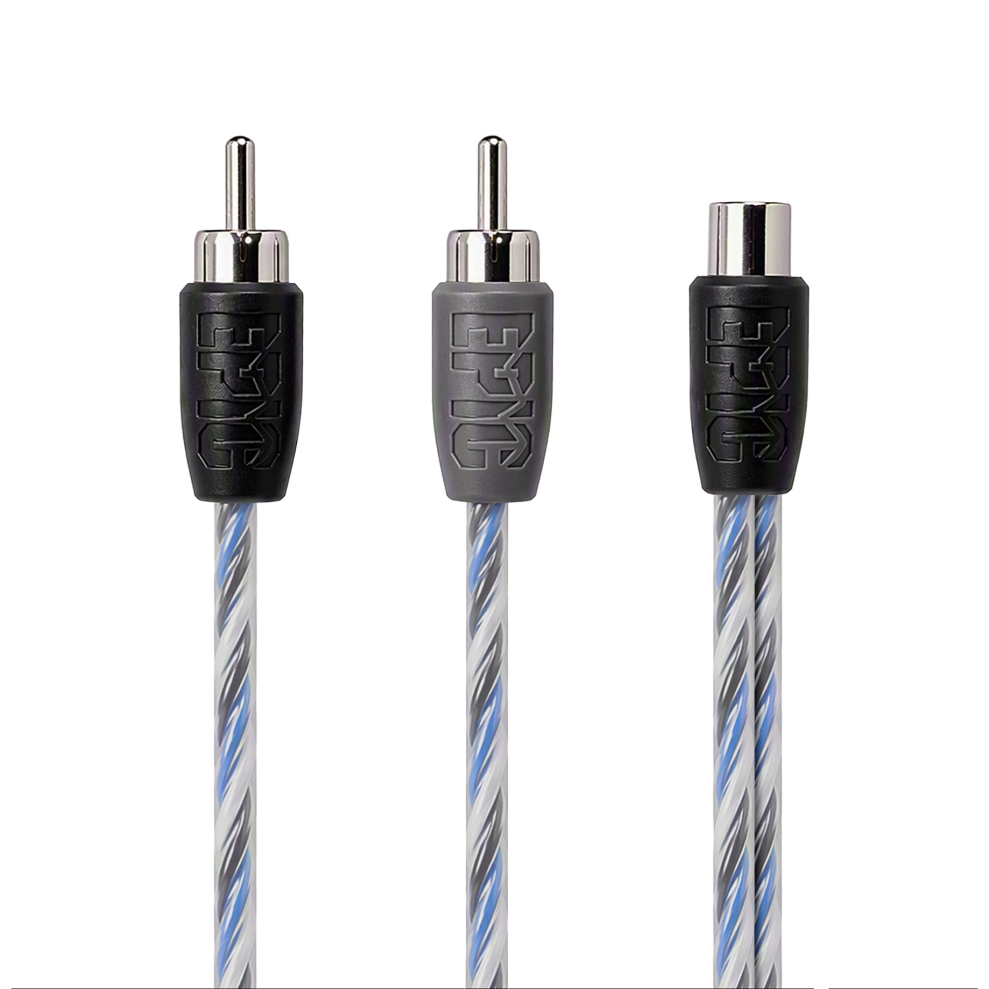 Three audio RCA connectors on a white background, showing black and gray plastic housings with a blue, gray, and white striped cable.