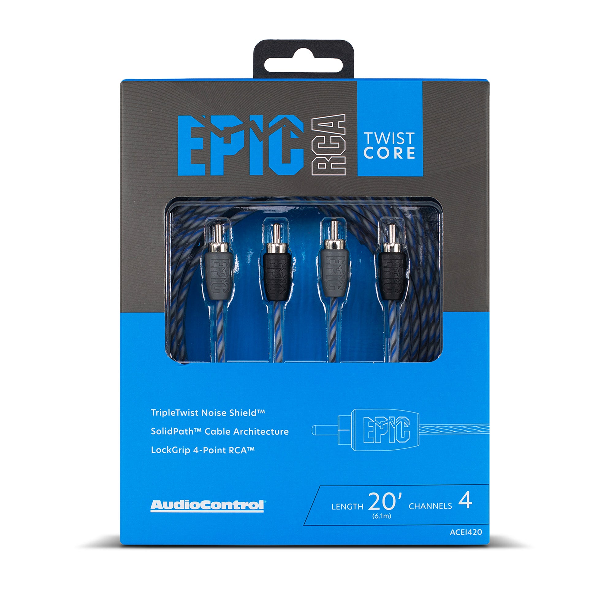 AudioControl Epic RCA Twist Core 20-foot audio cable in retail packaging, featuring a blue and black twisted cable visible through a clear window on a white background.