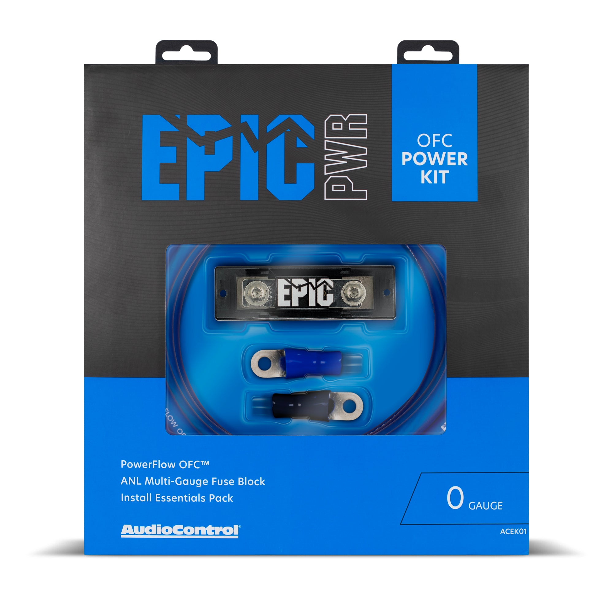 AudioControl EPIC PWR OFC Power Kit in retail packaging, featuring a black and blue box with a clear window showing a blue multi-gauge fuse block and two fuses inside.