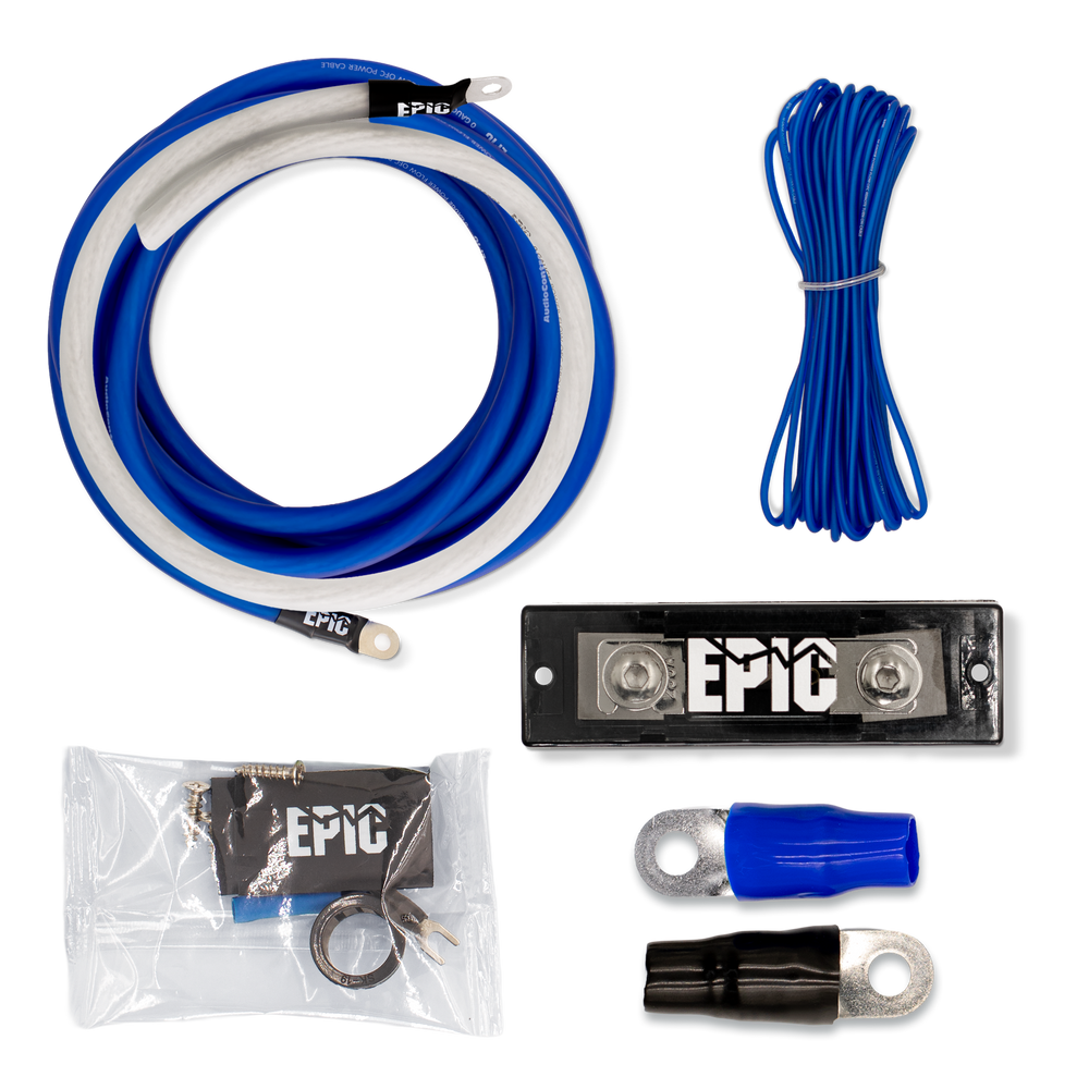 A multi-piece electrical cable kit from EPIC, featuring a coiled blue and white cable, a bundle of blue wire, a black terminal block, two blue and one black ring spade connectors, and a small bag of hardware, all arranged on a white background.