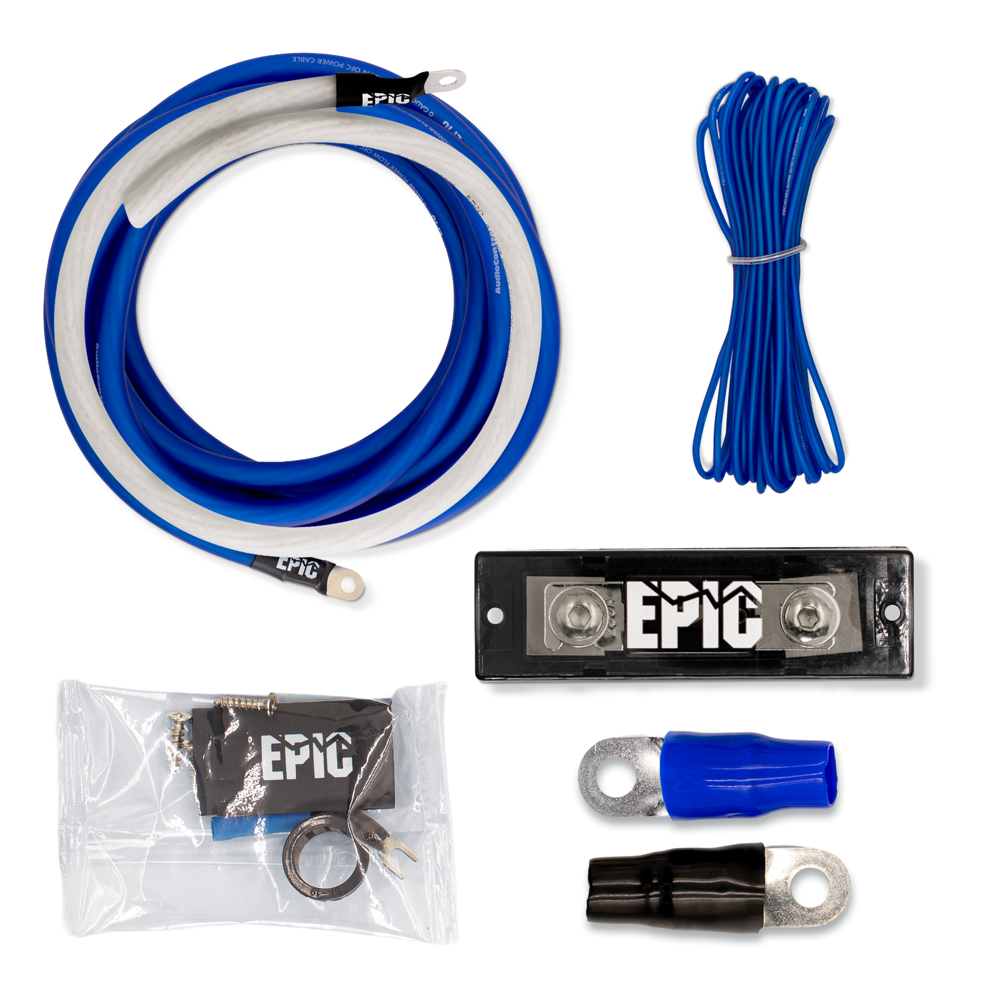 A multi-piece electrical cable kit from EPIC, featuring a coiled blue and white cable, a bundle of blue wire, a black terminal block, two blue and one black ring spade connectors, and a small bag of hardware, all arranged on a white background.