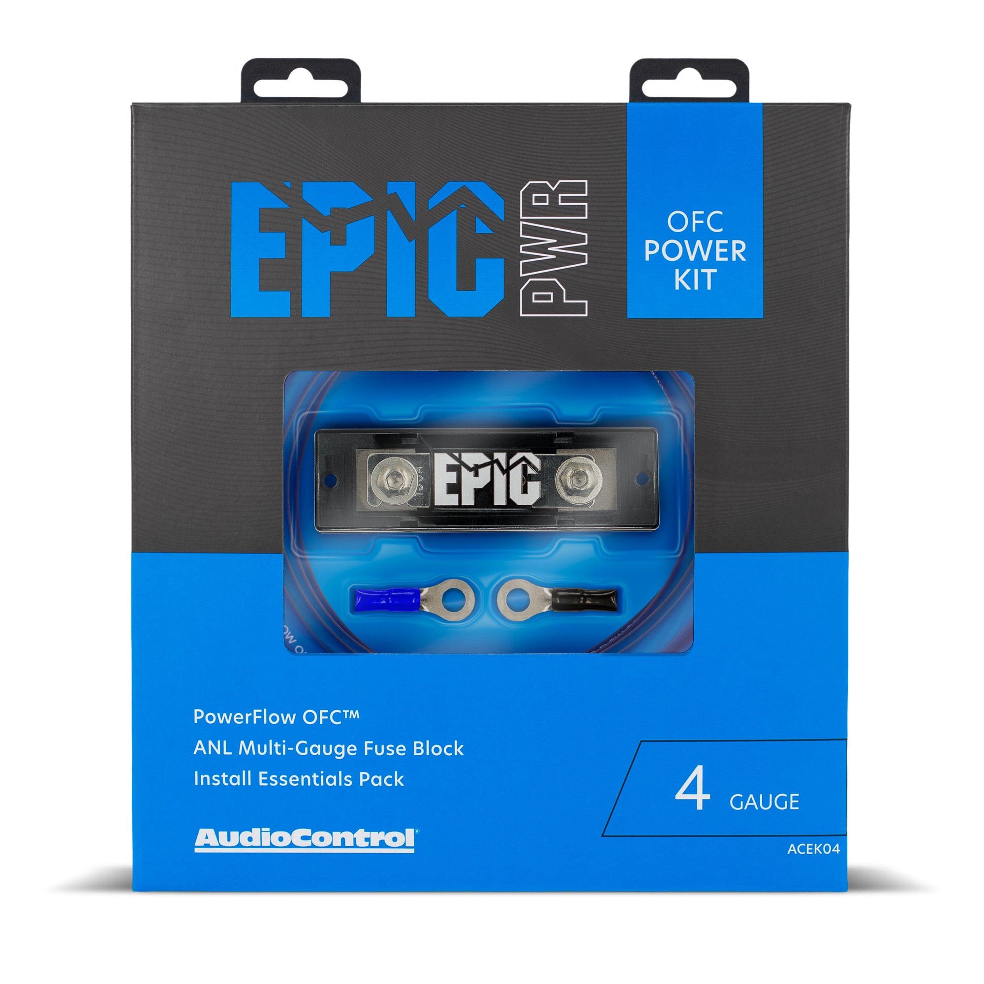 AudioControl EPIC PWR PowerFlow OFC Multi-Gauge Fuse Block 4 Gauge Install Essentials Pack retail packaging, featuring a black and blue box with a clear window showing the fuse block and accessories.