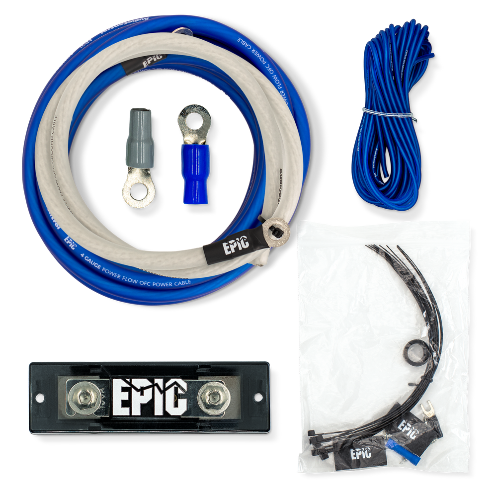Epic brand DC power cable kit including a coiled blue and white cable with ring terminals, a bundle of blue wires, a black terminal block with EPIC branding, zip ties, and a small black ring, all arranged on a white background.