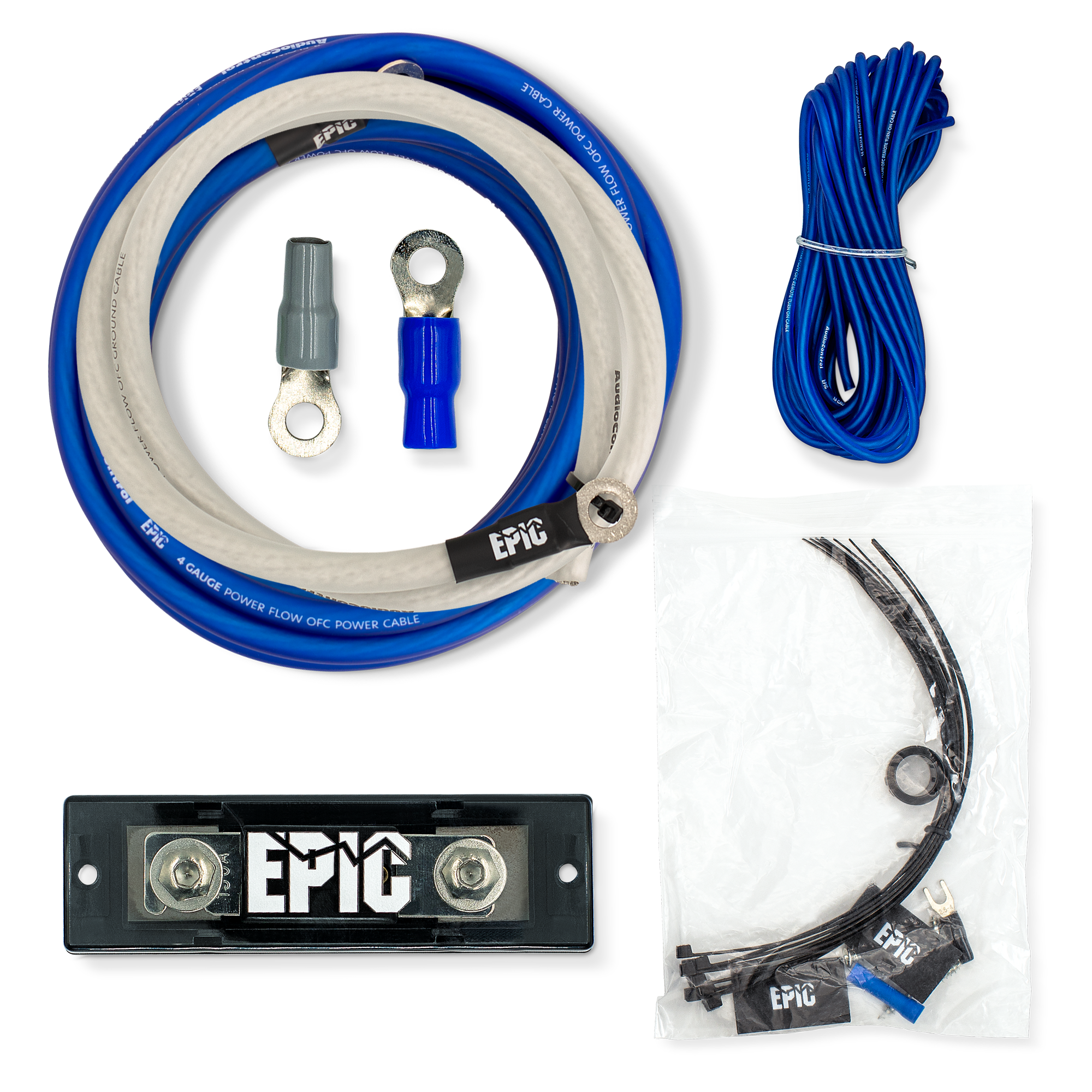 Epic brand DC power cable kit including a coiled blue and white cable with ring terminals, a bundle of blue wires, a black terminal block with EPIC branding, zip ties, and a small black ring, all arranged on a white background.