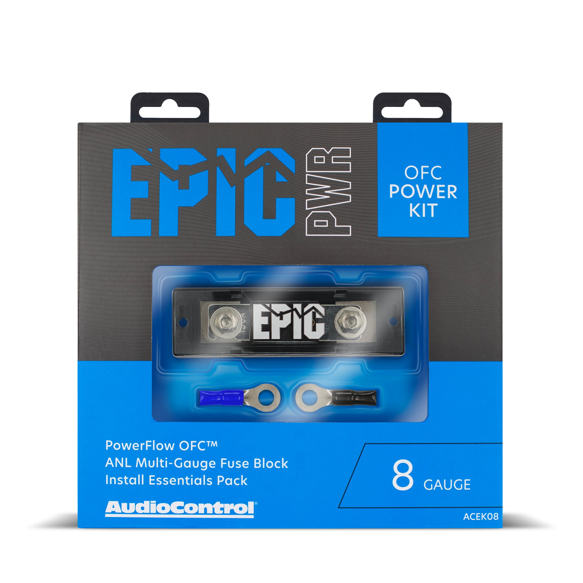 AudioControl EPIC Power OFC Power Kit 8 Gauge ANL Multi-Gauge Fuse Block retail packaging, featuring a black and blue box with a clear window showing the fuse block and accessories.