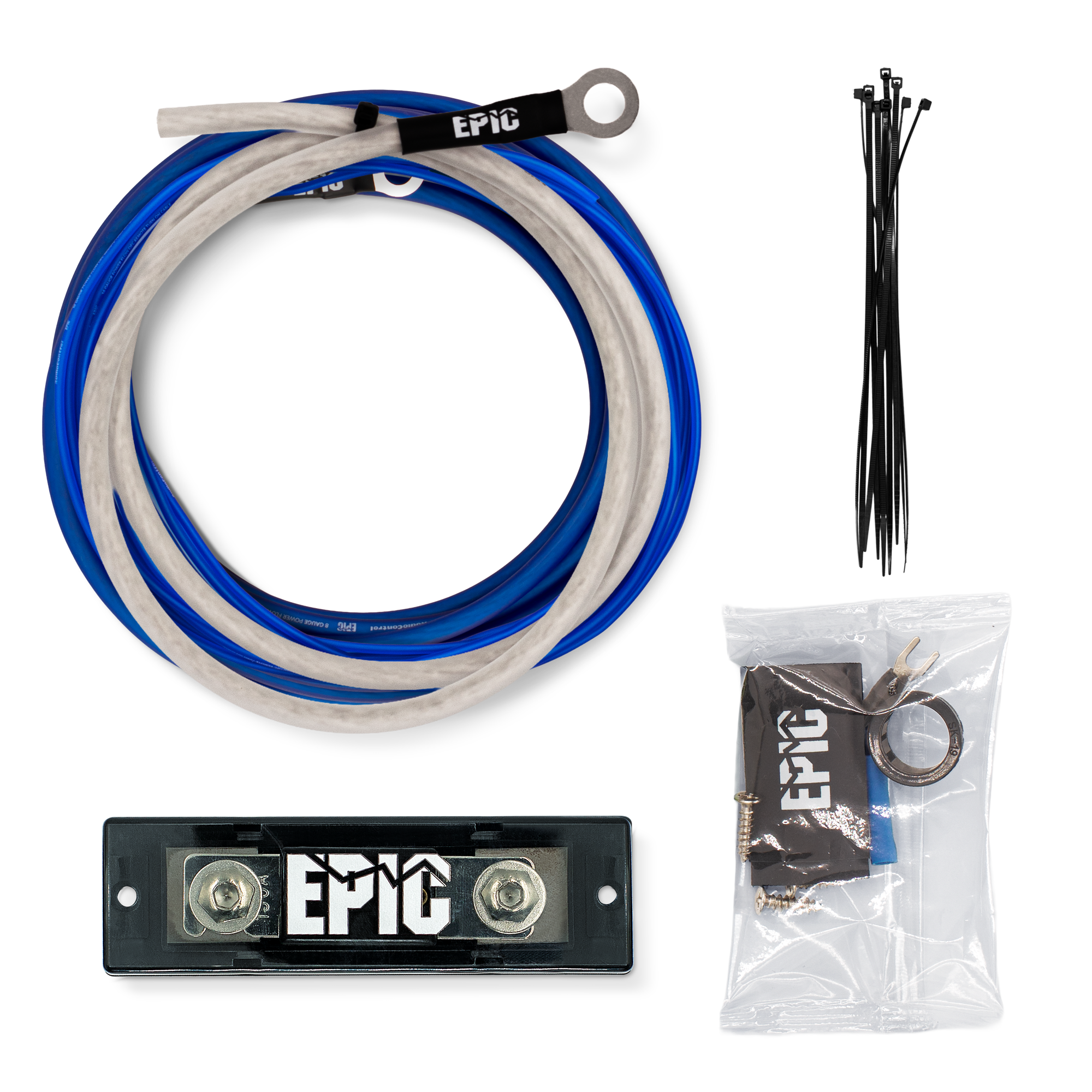 Epic brand cable kit on a white background, including a coiled blue and white cable with a ring terminal, a black rectangular battery terminal block with EPIC branding, a clear plastic bag with zip ties and small hardware, and a bundle of black zip ties.