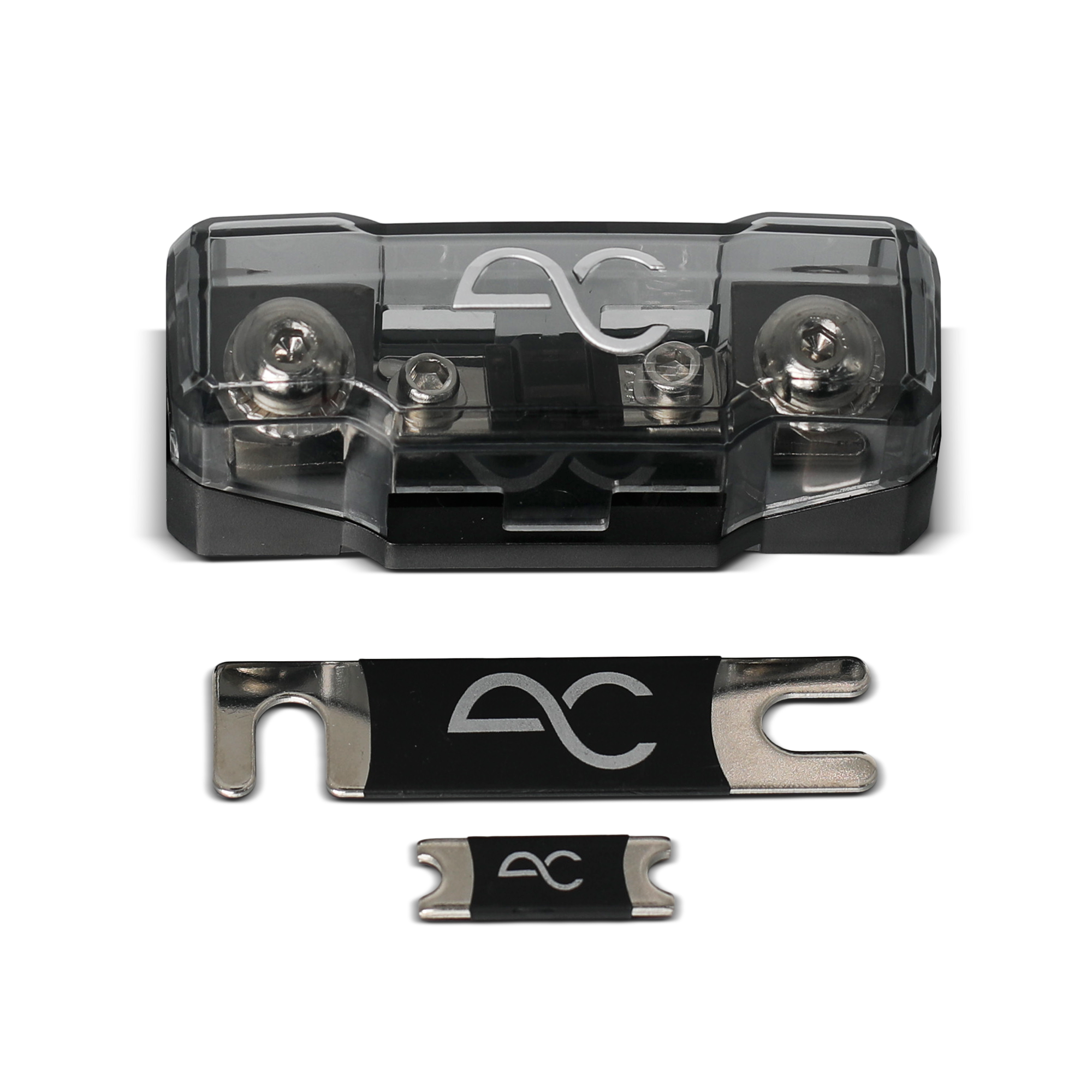 A black and clear automotive fuse holder with two metal fuse terminals, shown alongside two fuse inserts of different sizes on a white background.