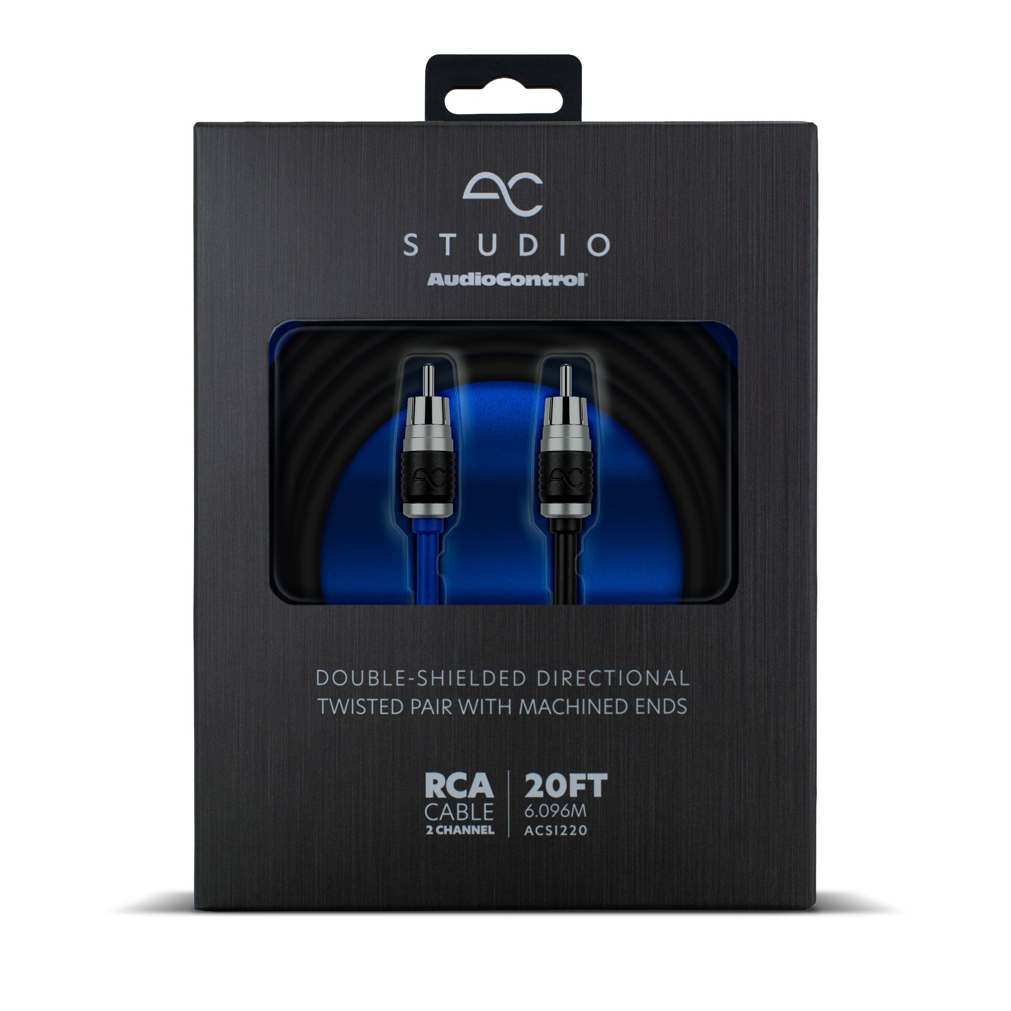 AudioControl Studio double-shielded directional twisted pair cable in its original black retail packaging, featuring a blue interior window display showing the cable connectors.
