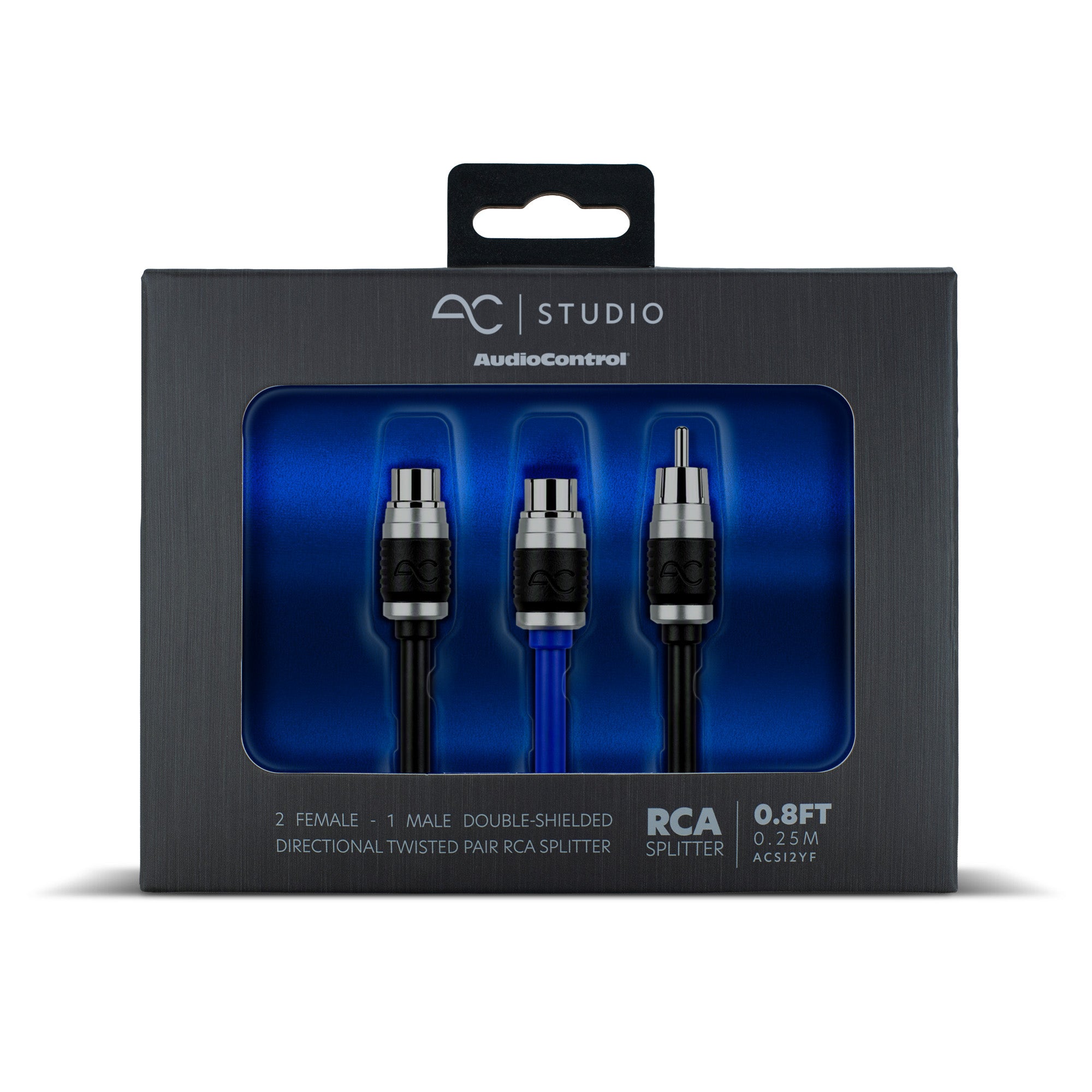 AC Studio AudioControl RCA splitter in retail packaging, showing a 0.8 ft 2 female 1 male double-shielded twisted pair cable with a blue center connector and black outer connectors.
