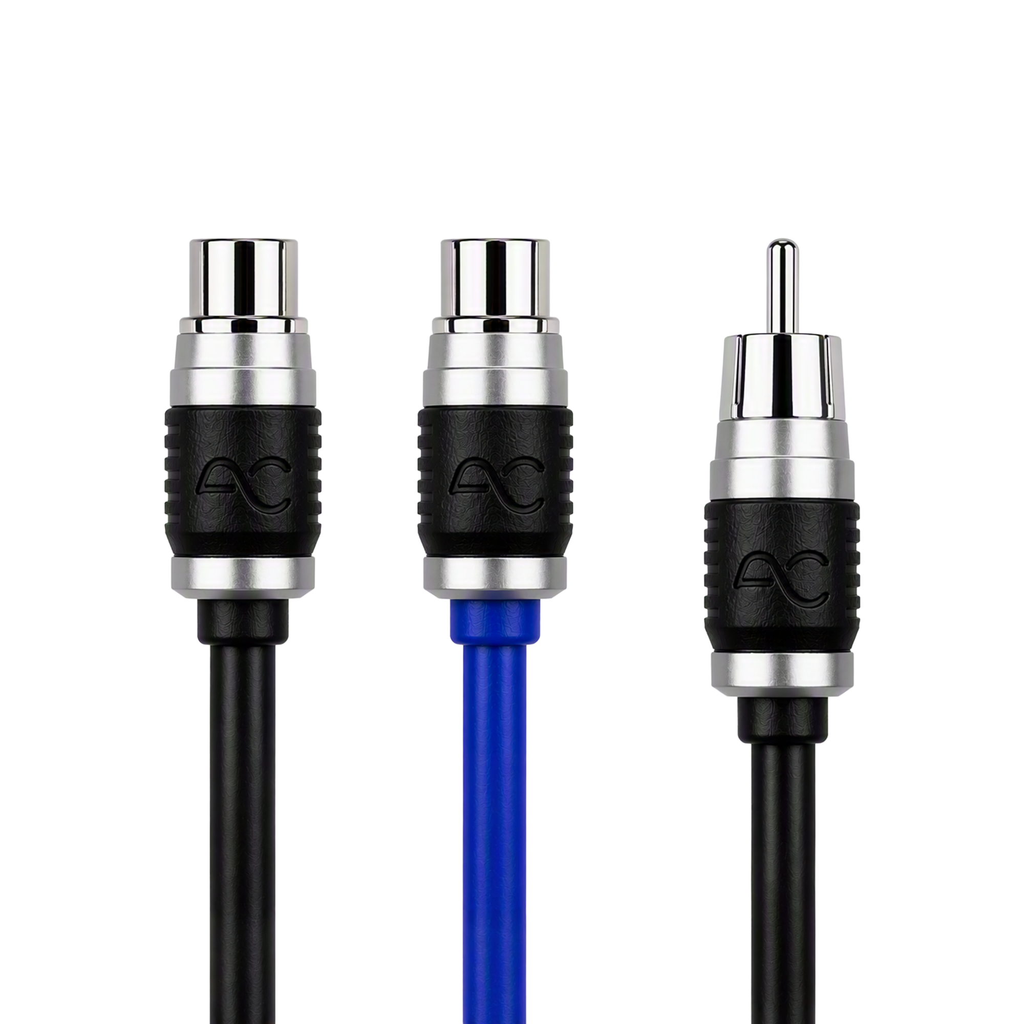 Three audio/video connector ends of a cable shown on a white background: two black connectors with silver and black AC branding, and one blue connector with silver and black branding.