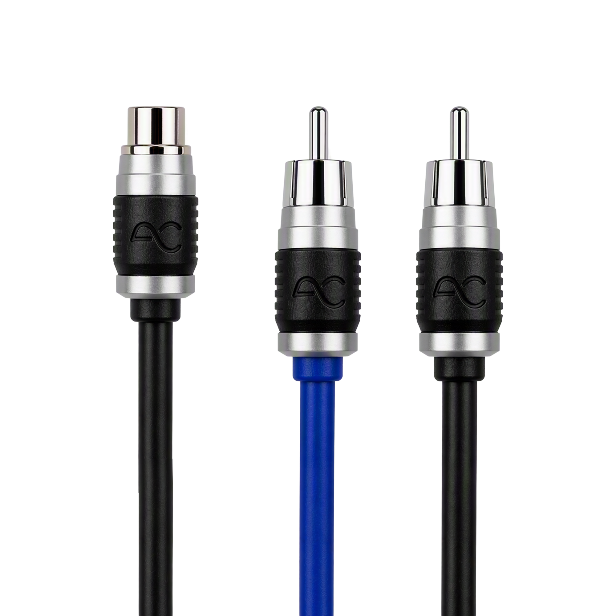 Three audio RCA adapter plugs on a white background, including two black cables and one blue cable, with silver and black connectors and the AC logo embossed on the black housing.
