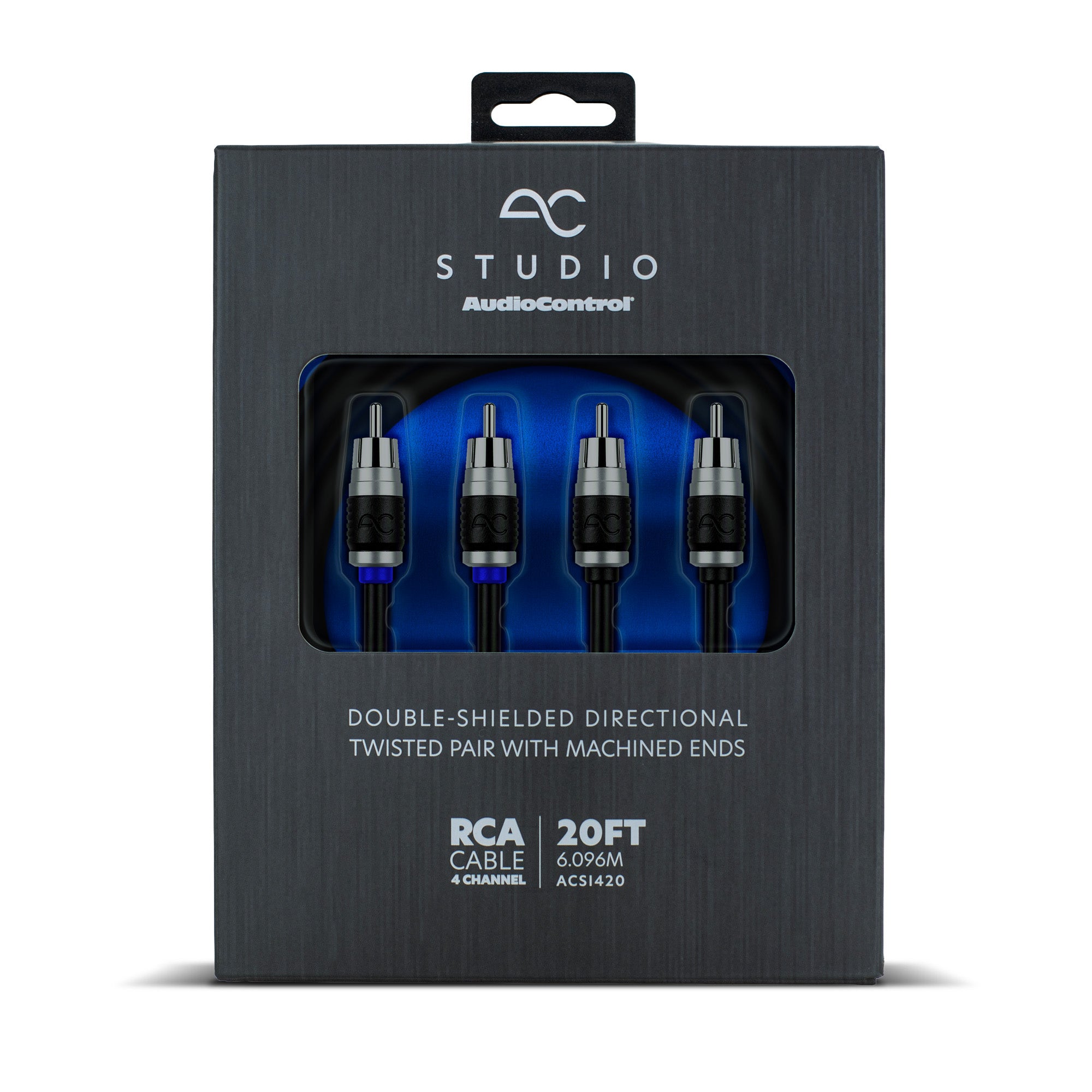 AudioControlr AC Studio 20-foot RCA cable in its original black brushed-metal retail box, showing four RCA connectors through a clear window.