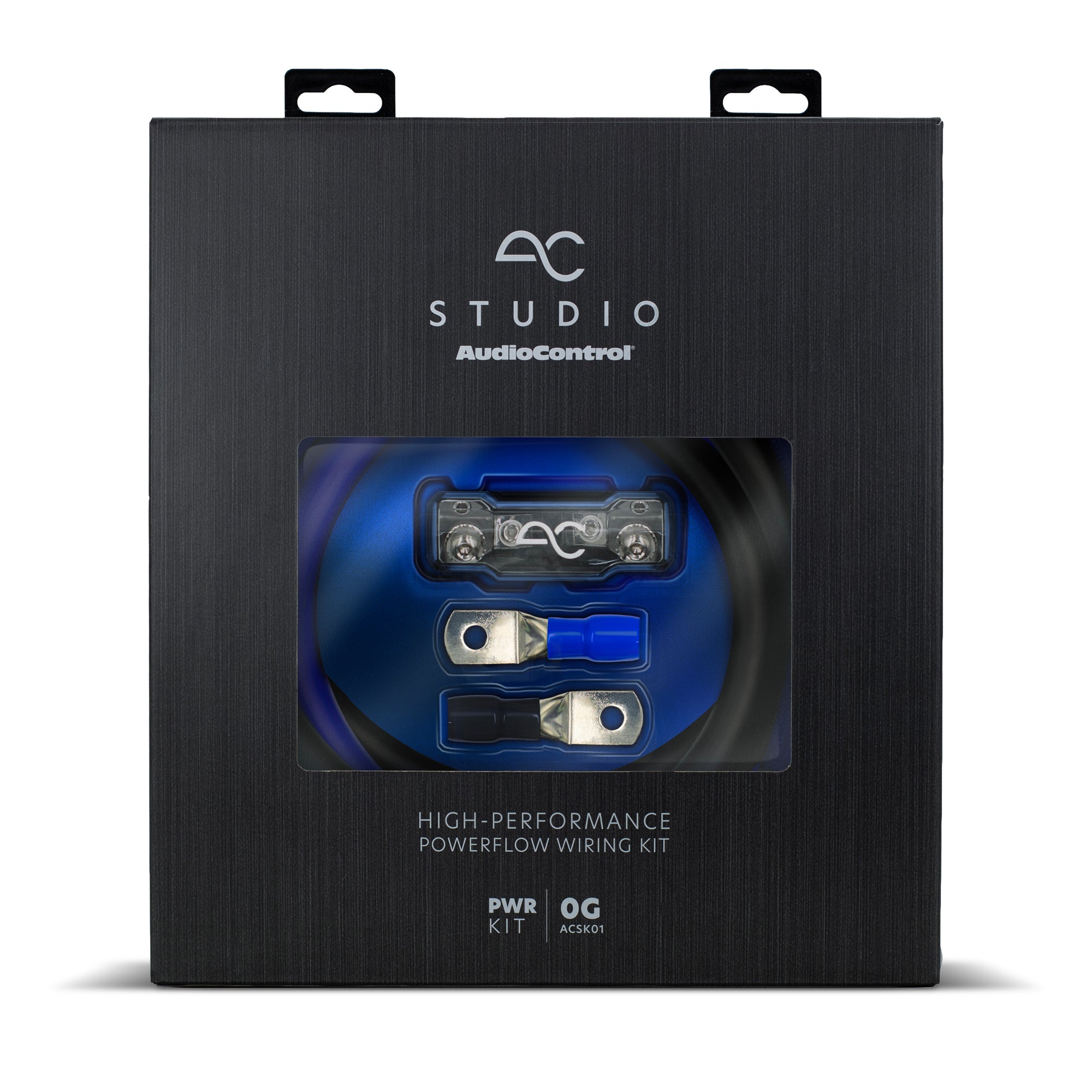 AudioControl Studio Powerflow Wiring Kit in its original black textured retail box, featuring a clear window that displays the blue and silver wire leads inside.