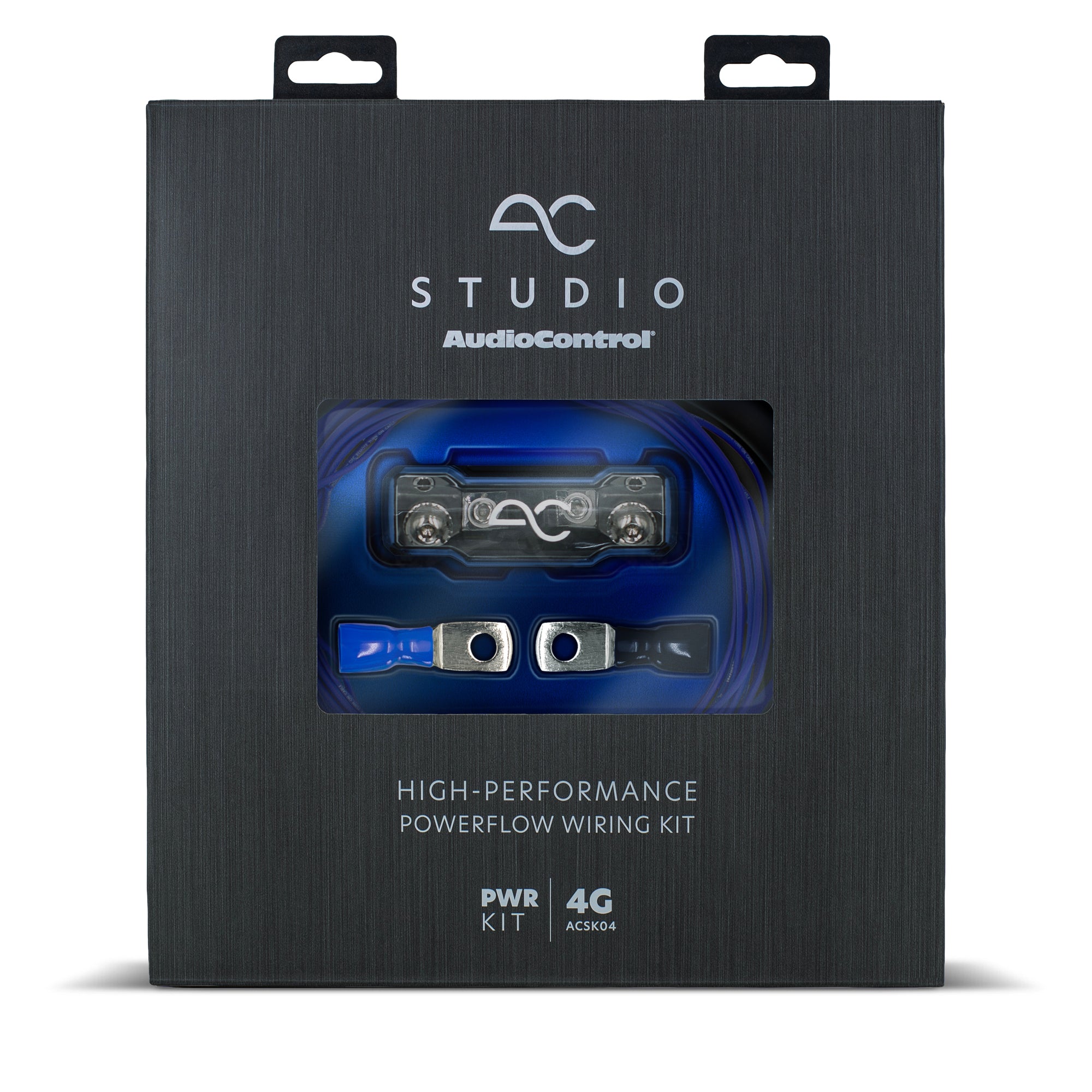 AudioControl Studio Powerflow Wiring Kit retail packaging, featuring a brushed black metal box with a clear window displaying the blue and silver wiring components inside.