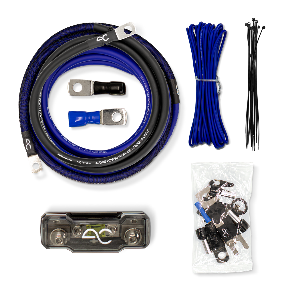 A 6 AMP POWER TOOL CABLE CLAMP kit laid out on a white background, including a blue and black braided cable, blue wire, black zip ties, a level tool, and a bag of hardware.