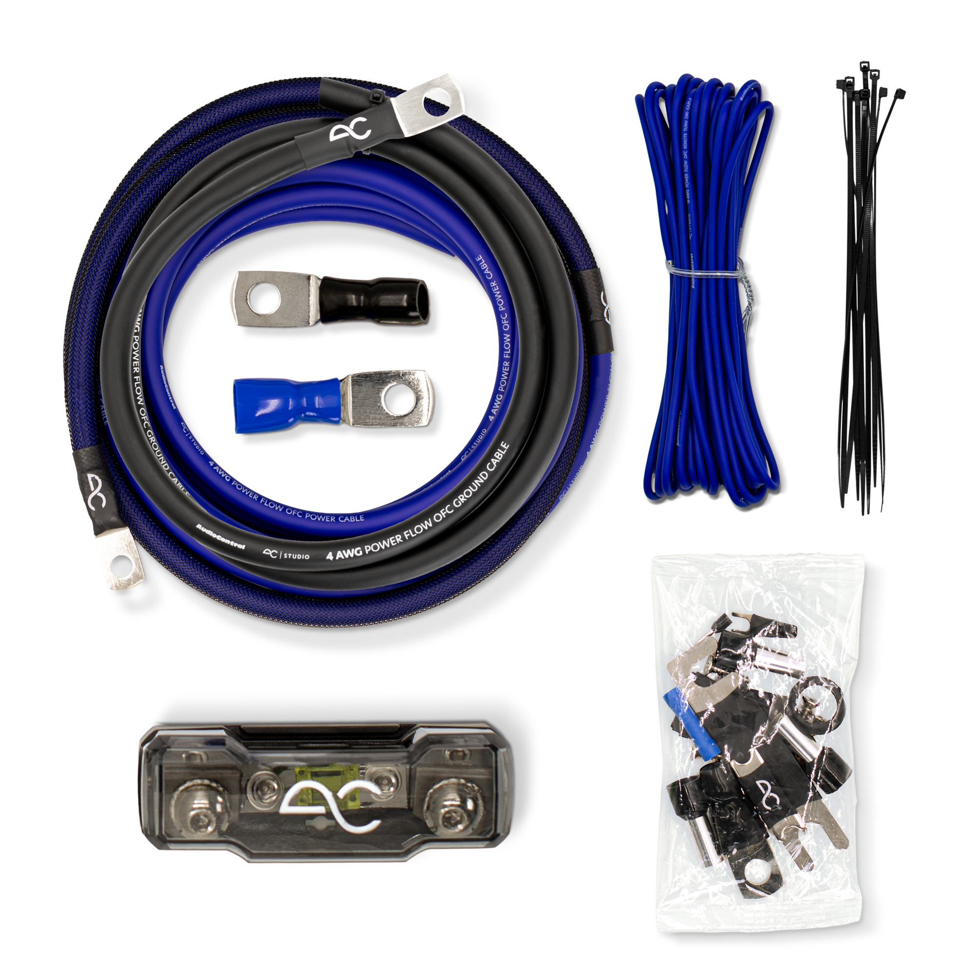 A 6 AMP POWER TOOL CABLE CLAMP kit laid out on a white background, including a blue and black braided cable, blue wire, black zip ties, a level tool, and a bag of hardware.