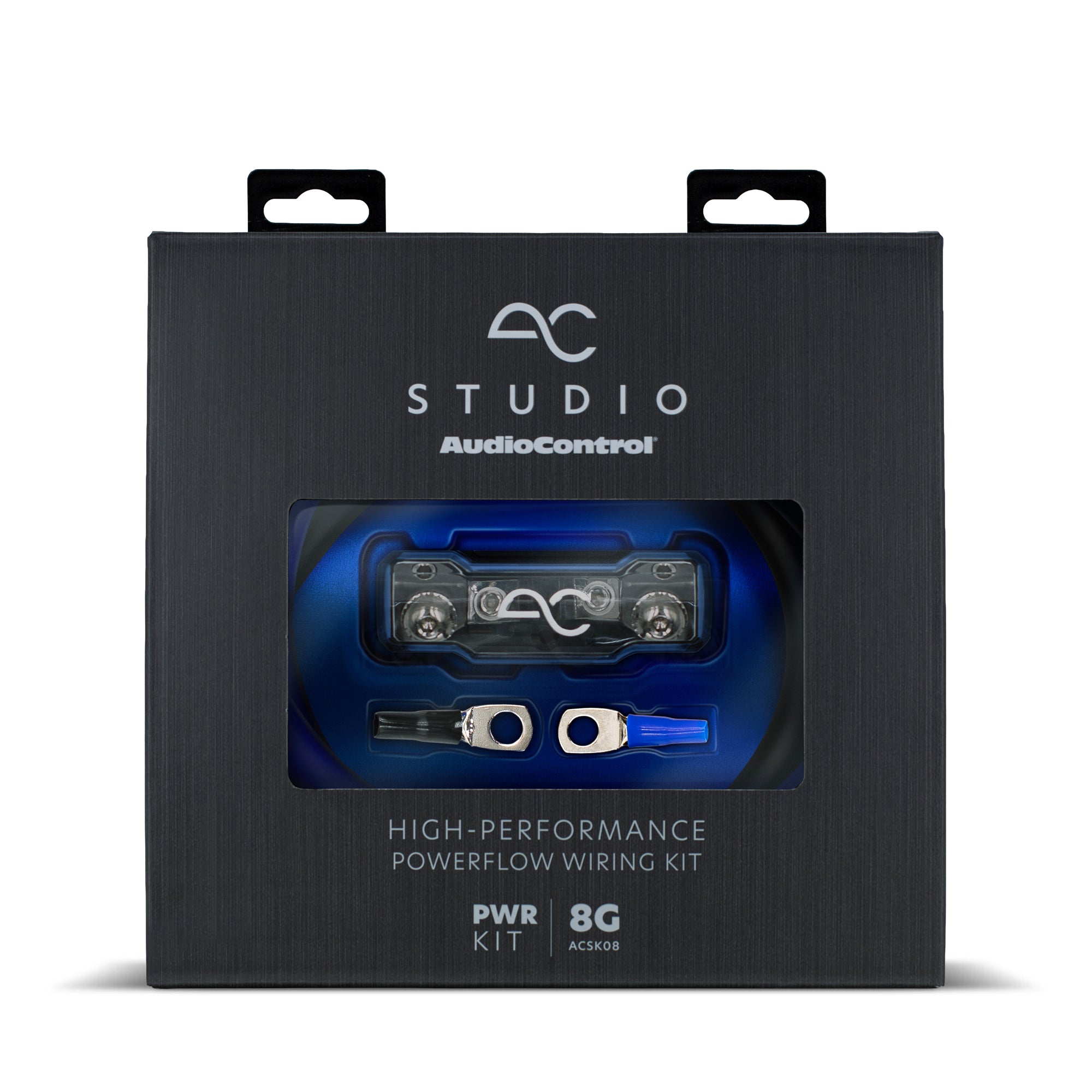 AudioControl Studio Powerflow Wiring Kit retail packaging, featuring a black brushed-metal style box with a clear window displaying the internal blue-lit components.