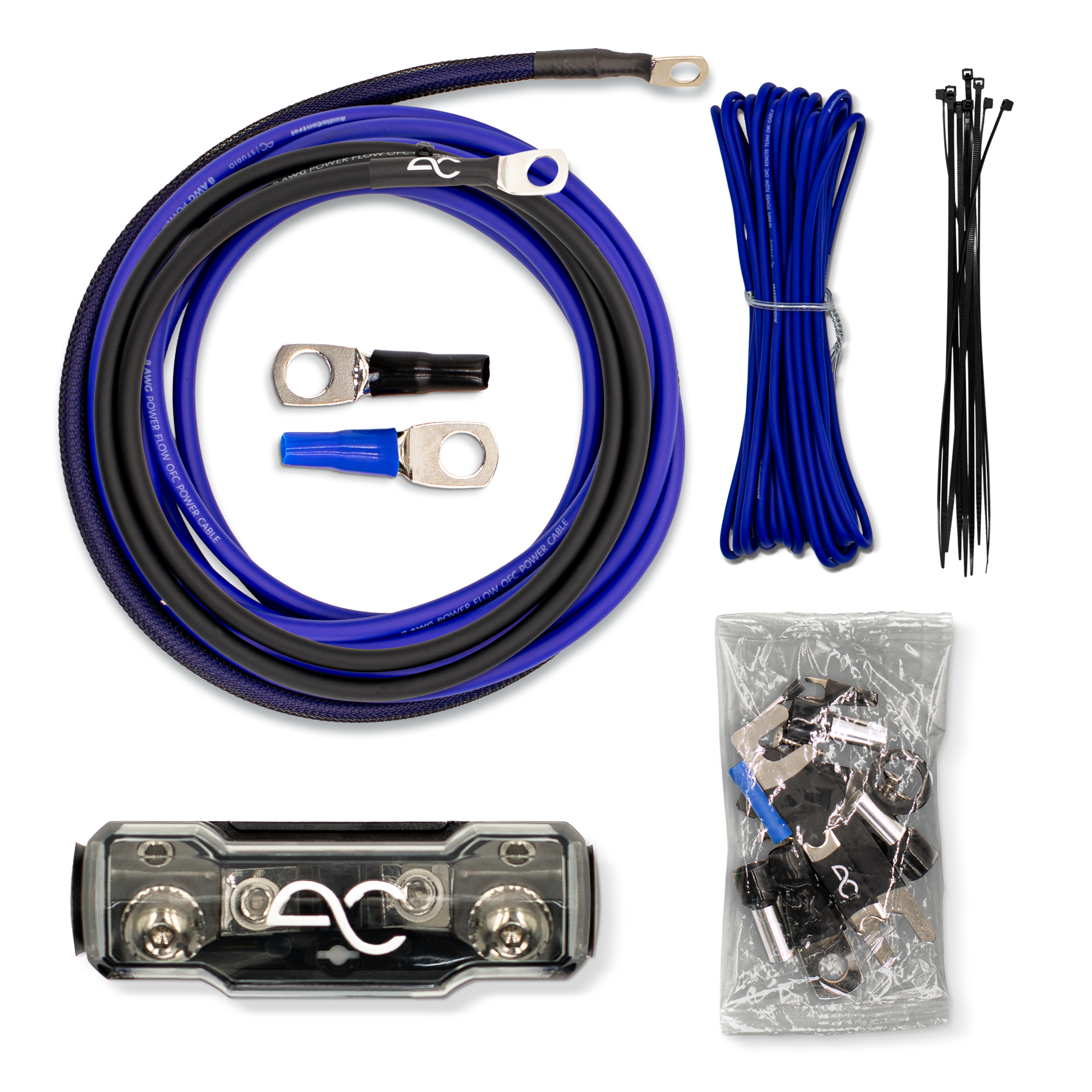 A multi-piece automotive electrical cable kit laid out on a white background, including a large blue and black cable with ring terminals, a bundle of blue cable, black zip ties, a bag of terminal connectors, and a black clamp piece.