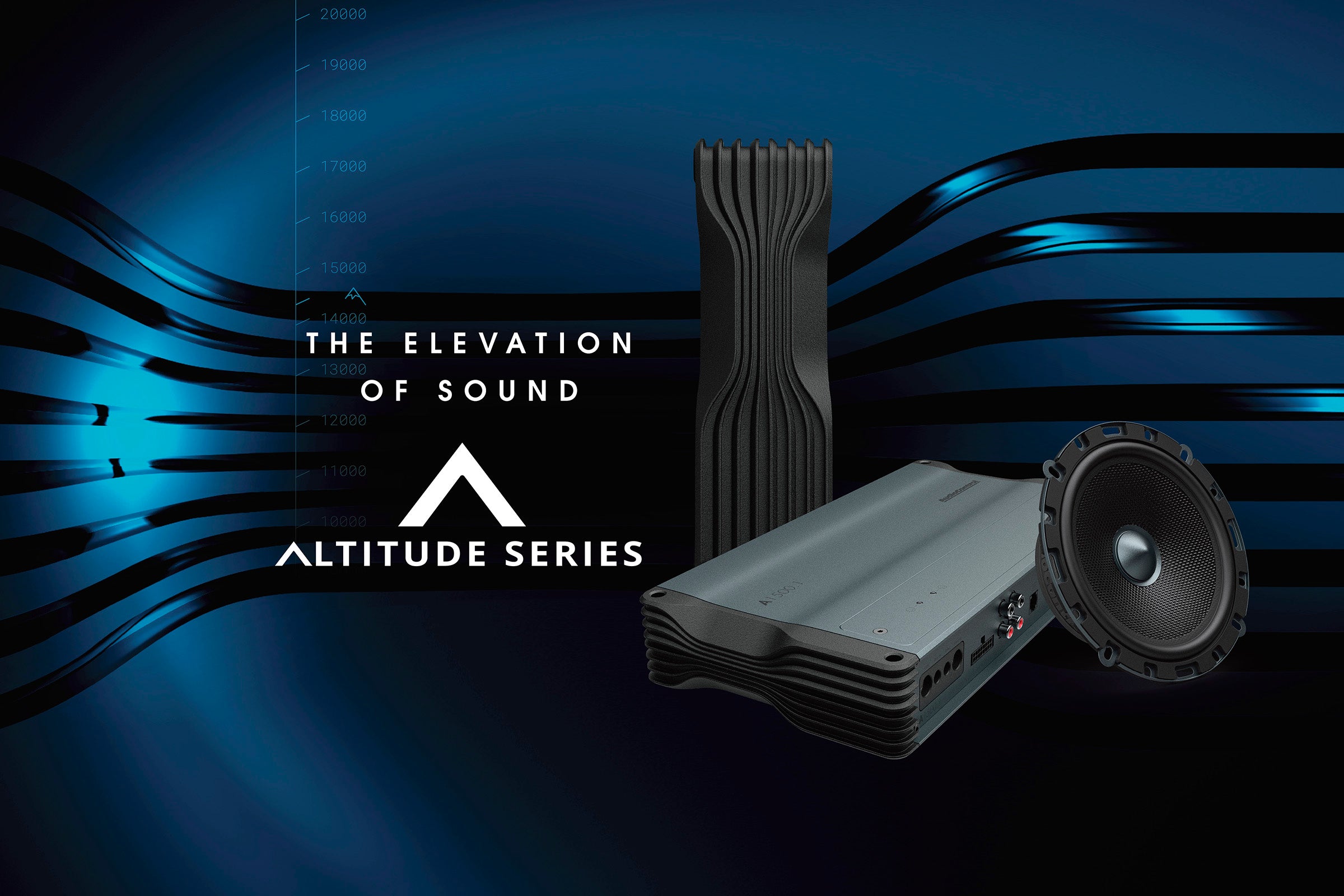 Altitude Series audio equipment set featuring a silver amplifier, a black ribbed enclosure, and a speaker on a dark blue graphic background with the text 'THE ELEVATION OF SOUND' and 'ALTITUDE SERIES'.