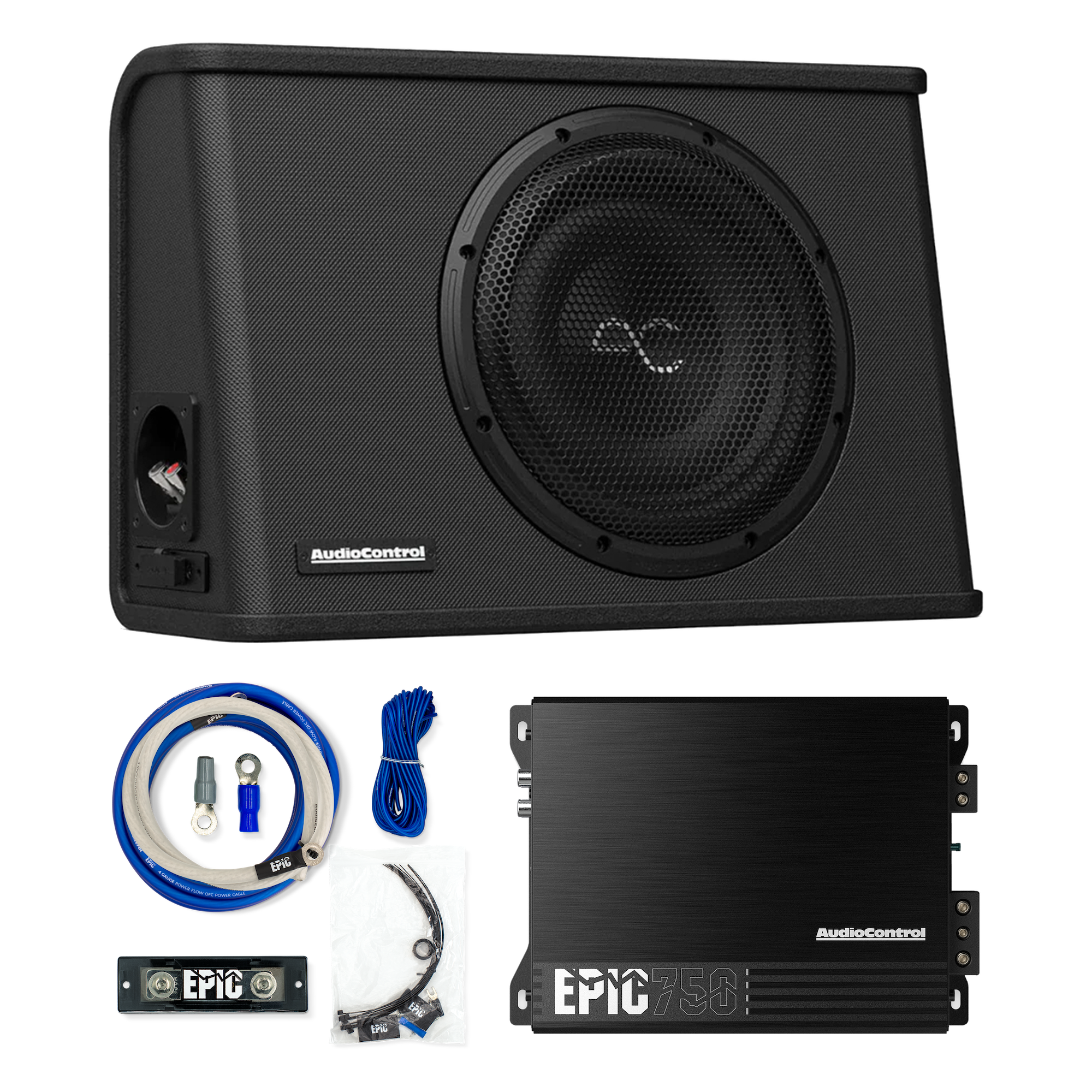AudioControl EPIC 750 car audio subwoofer package, featuring a black 12-inch subwoofer in a matching black enclosure, along with an AudioControl EPIC 750 amplifier, blue cable, and mounting hardware on a white background.