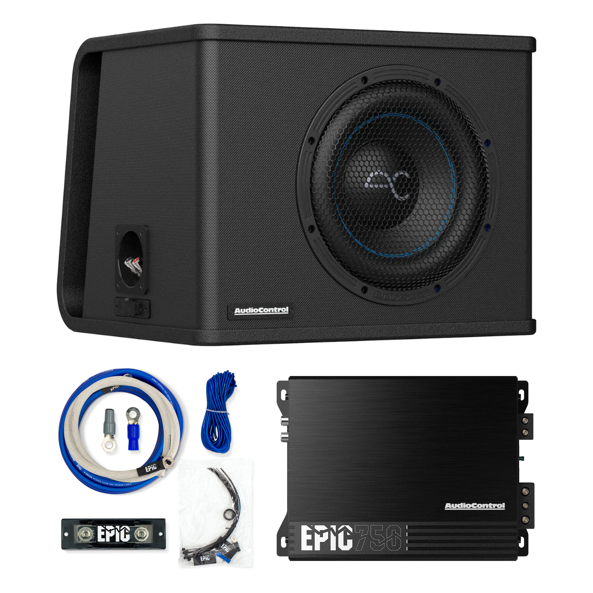 AudioControl Epic 750 car audio subwoofer package, featuring a black textured subwoofer box with a blue accent ring, an Epic 750 power amplifier, blue cables, terminal blocks, and mounting hardware on a white background.