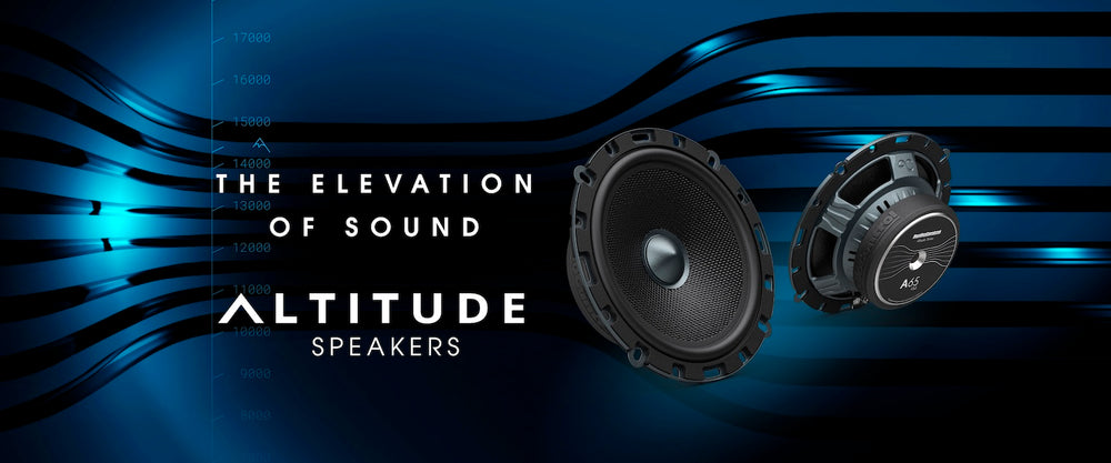 Two Altitude Speakers shown against a dark blue graphic background with wavy light streaks and the text 'THE ELEVATION OF SOUND ALTITUDE SPEAKERS'.