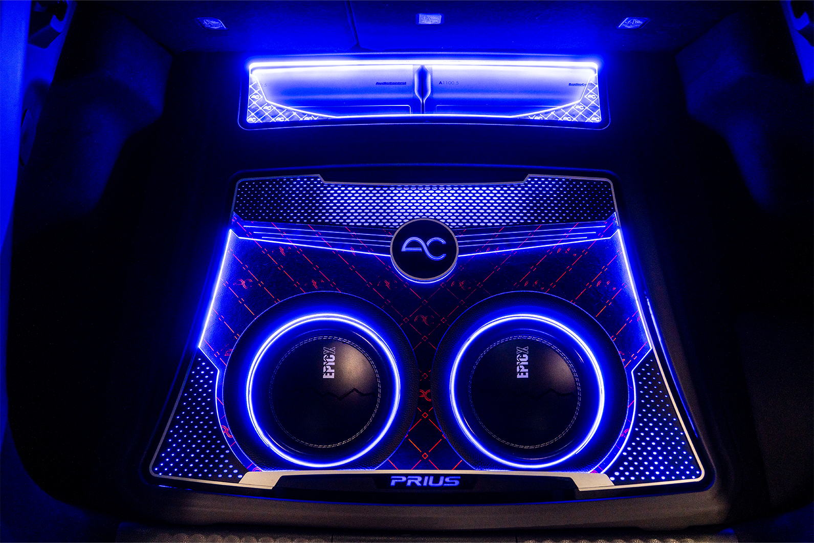 Car audio system with blue LED lighting in a Prius vehicle.