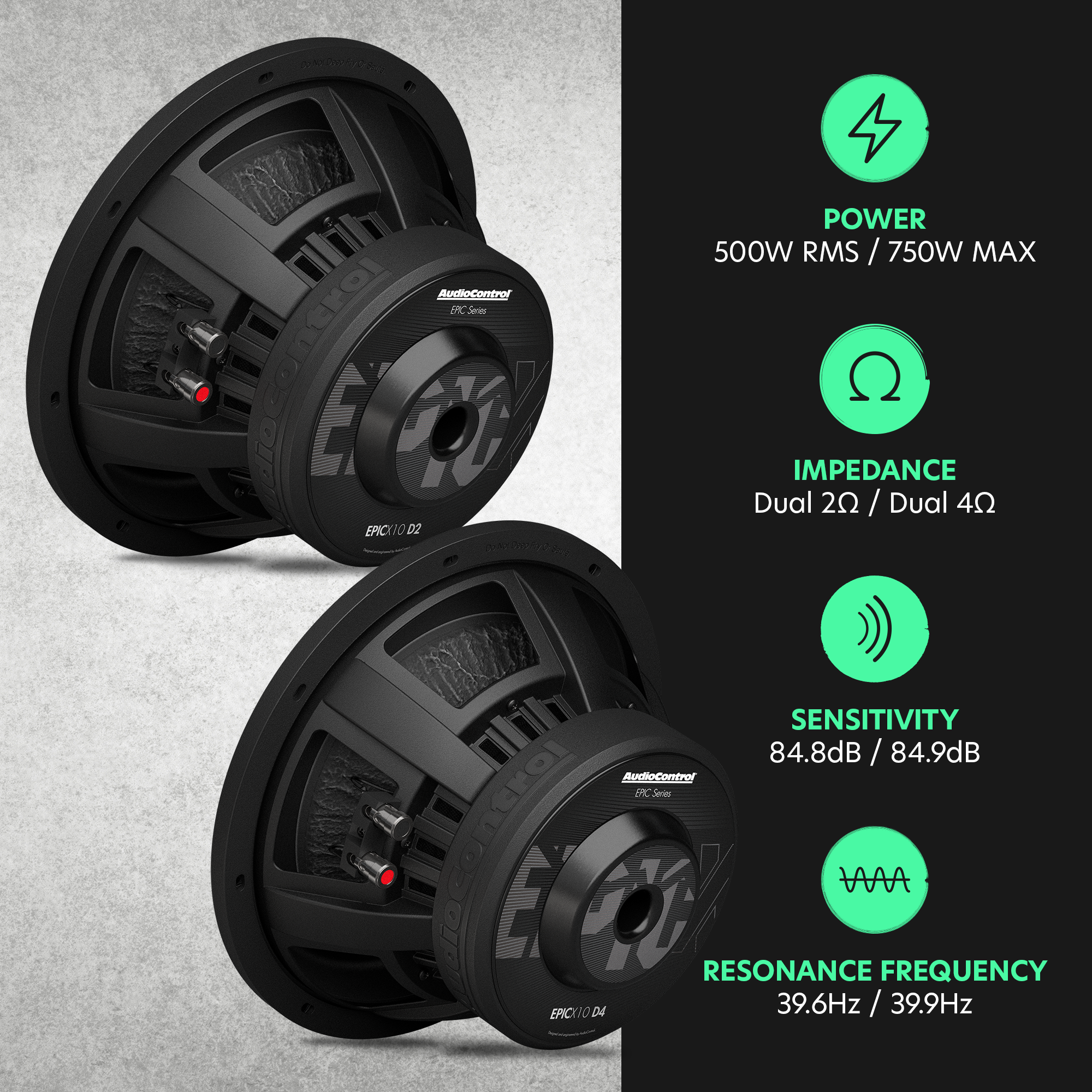 EPICX Series 10" Dual Voice Coil Subwoofer, 500W RMS, Dual 2/4 Ohms