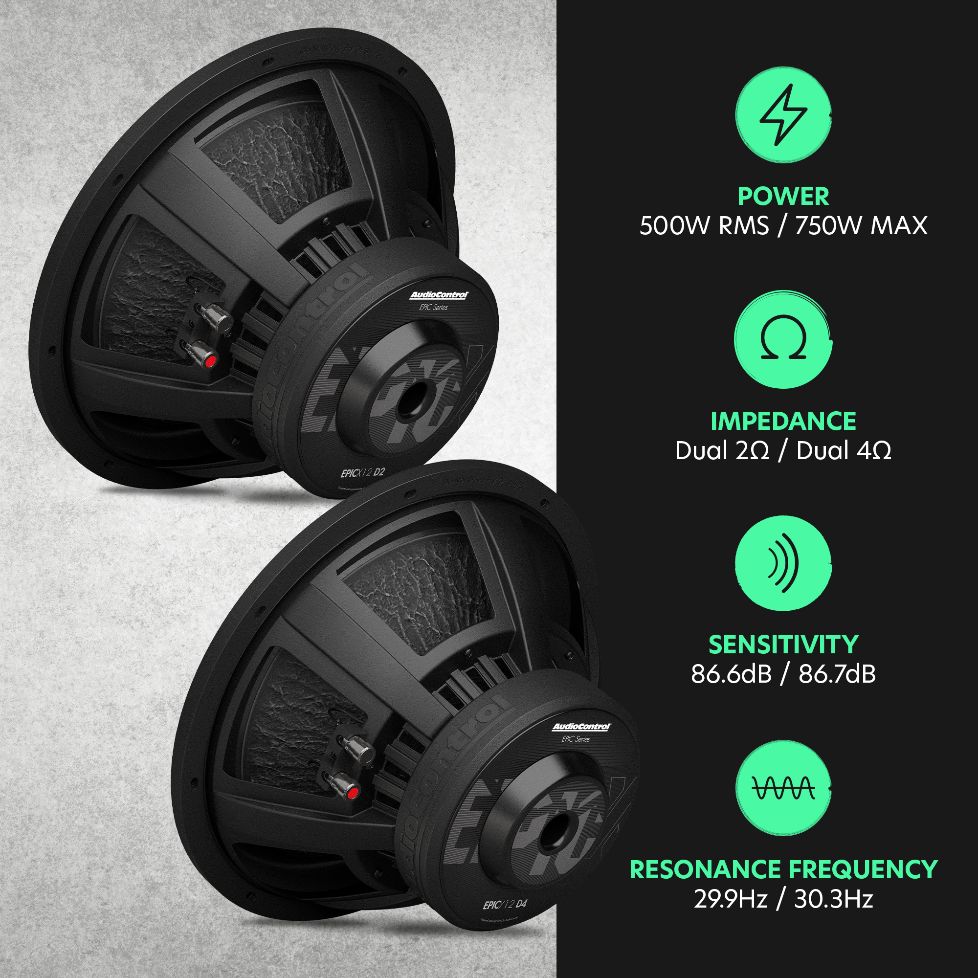 EPICX Series 12" Dual Voice Coil Subwoofer, 500W RMS, Dual 2/4 Ohms