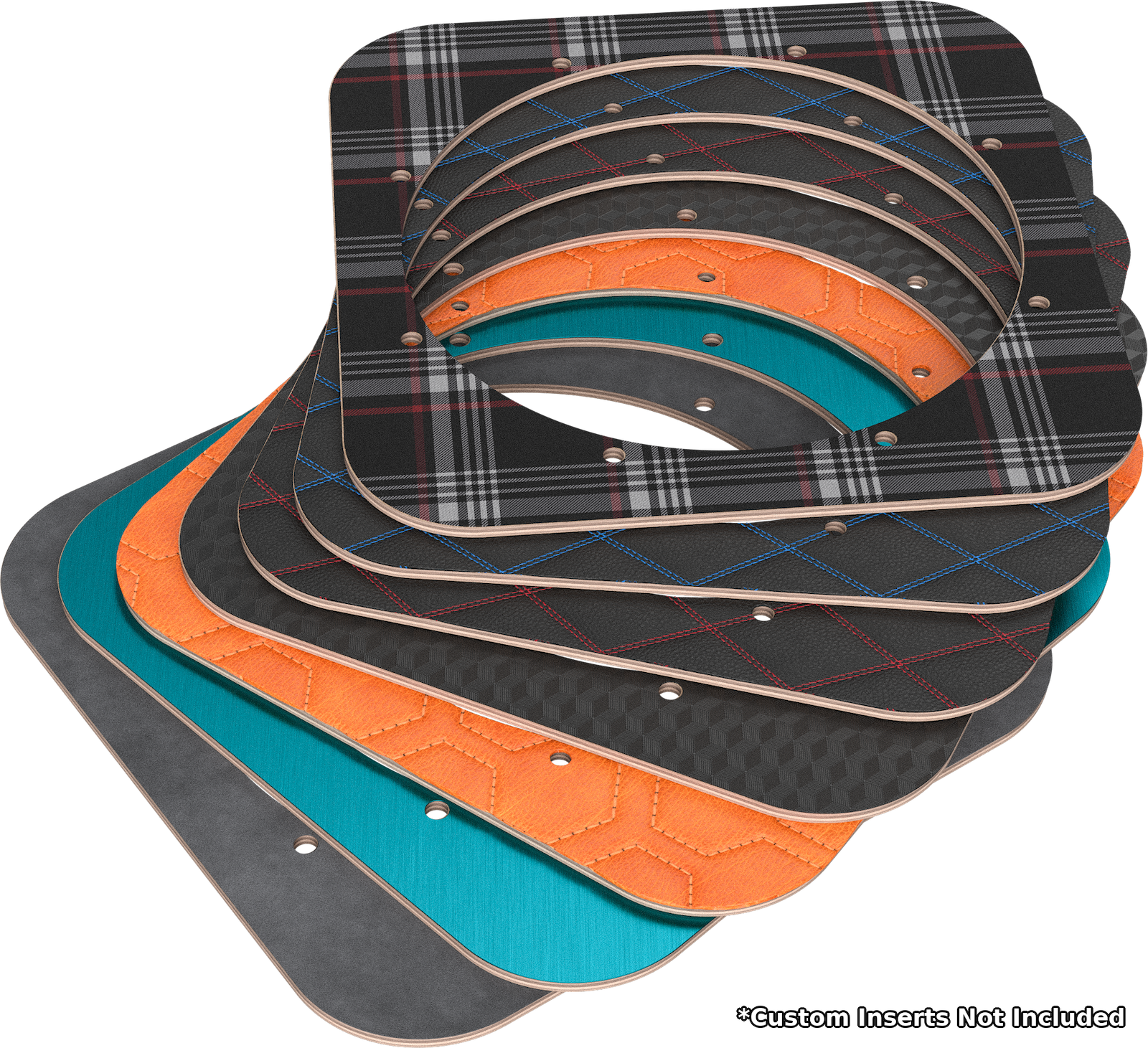 A stack of custom leather or faux-leather circular inserts with rounded corners, shown in multiple colors and patterns including black plaid, black diamond-patterned inserts, orange and teal textured inserts, and a solid teal insert. The inserts are displayed on a clean white background with a small text note at the bottom right that says '*Custom Inserts Not Included'.