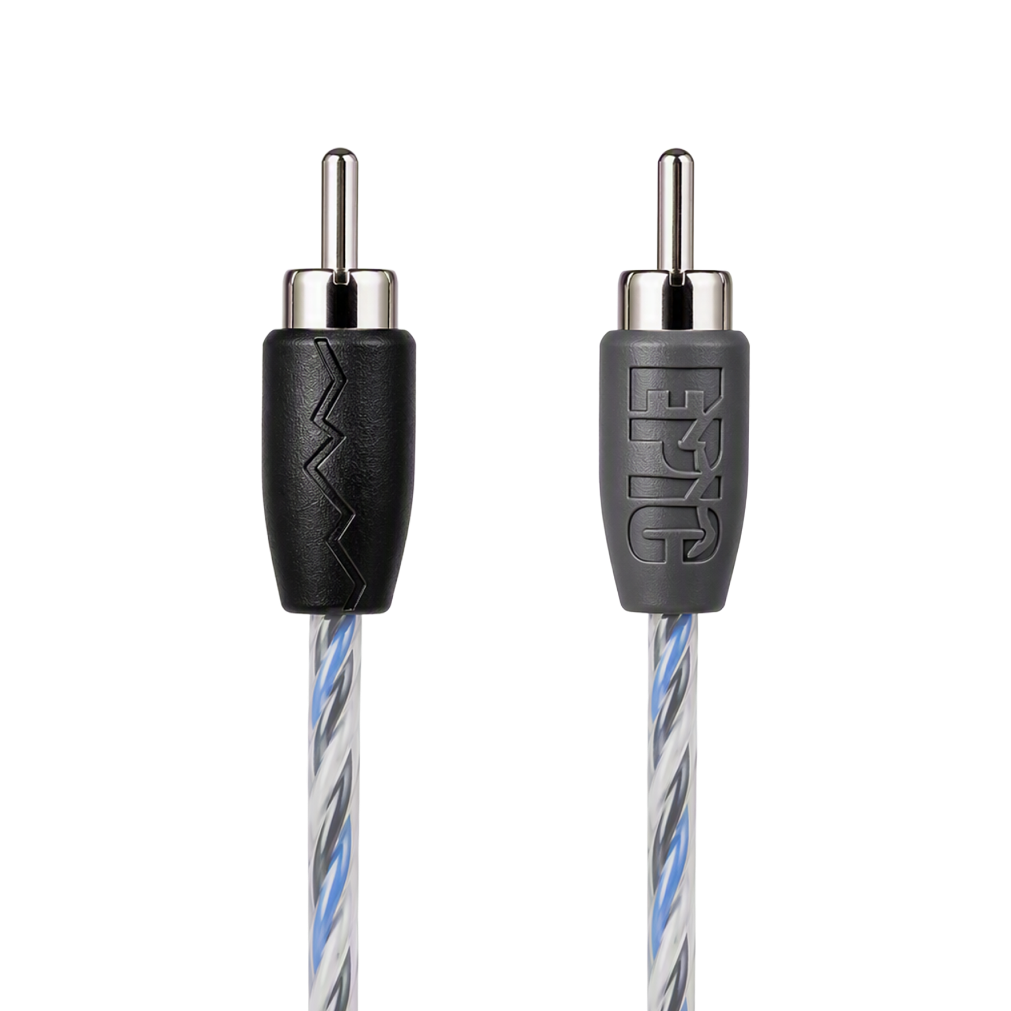 Close-up of a braided audio cable showing two RCA-style connectors on a white background. One connector has a black sleeve with a zigzag cutout, and the other has a gray sleeve with the embossed brand name 'F&G'.