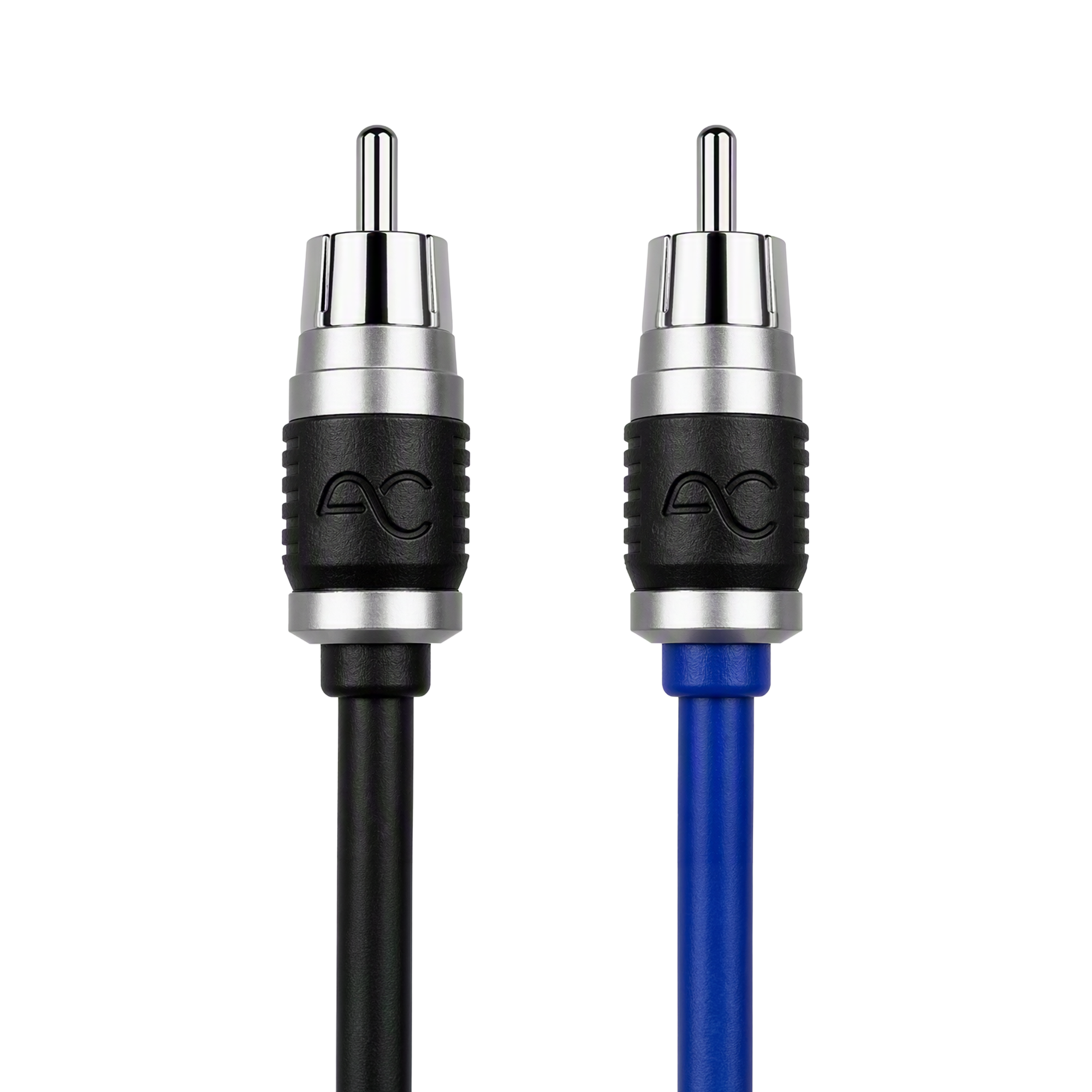 Two RCA-style audio/video cable connectors shown against a white background, one with a black cable and one with a blue cable. Each connector has a silver metal tip, a black ribbed middle section, and a silver band near the base.