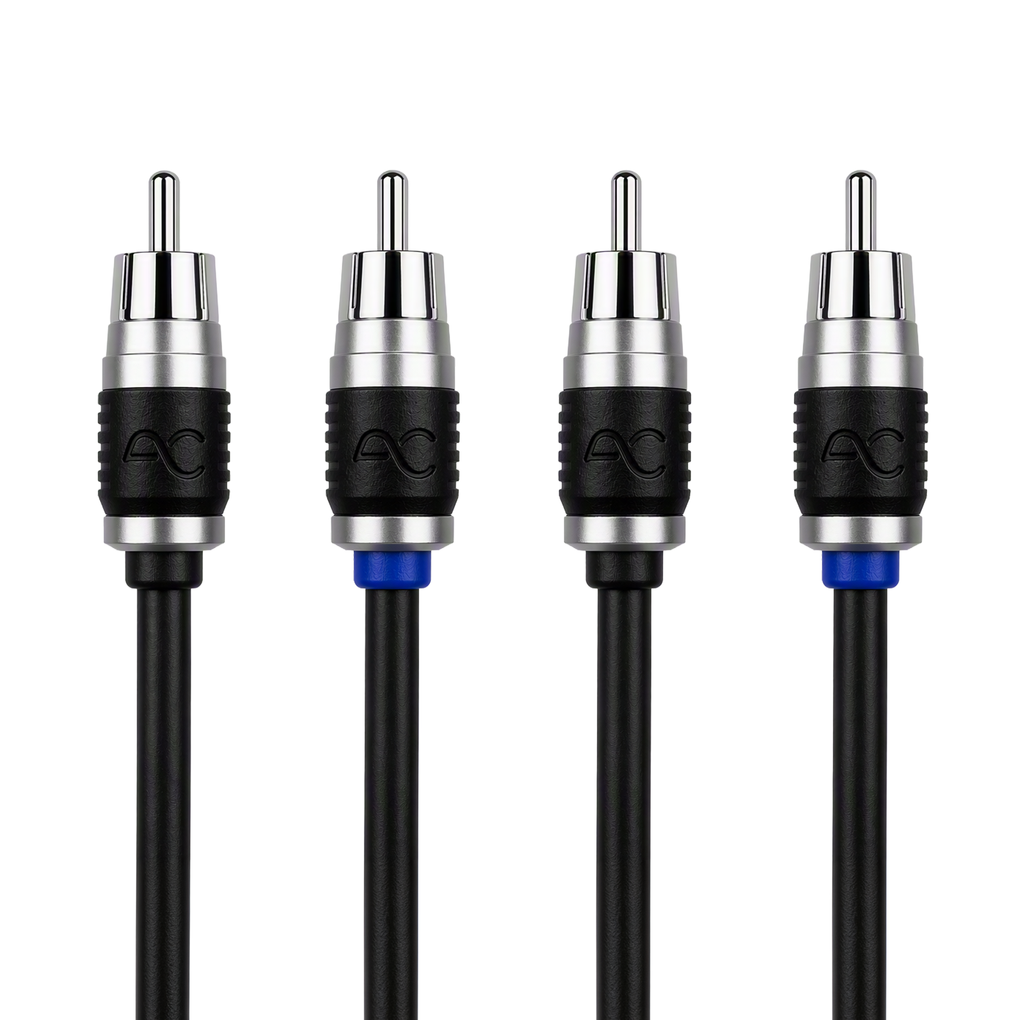 Four RCA audio/video cable connectors with black and silver housings, blue ring accents, and black cables on a white background.