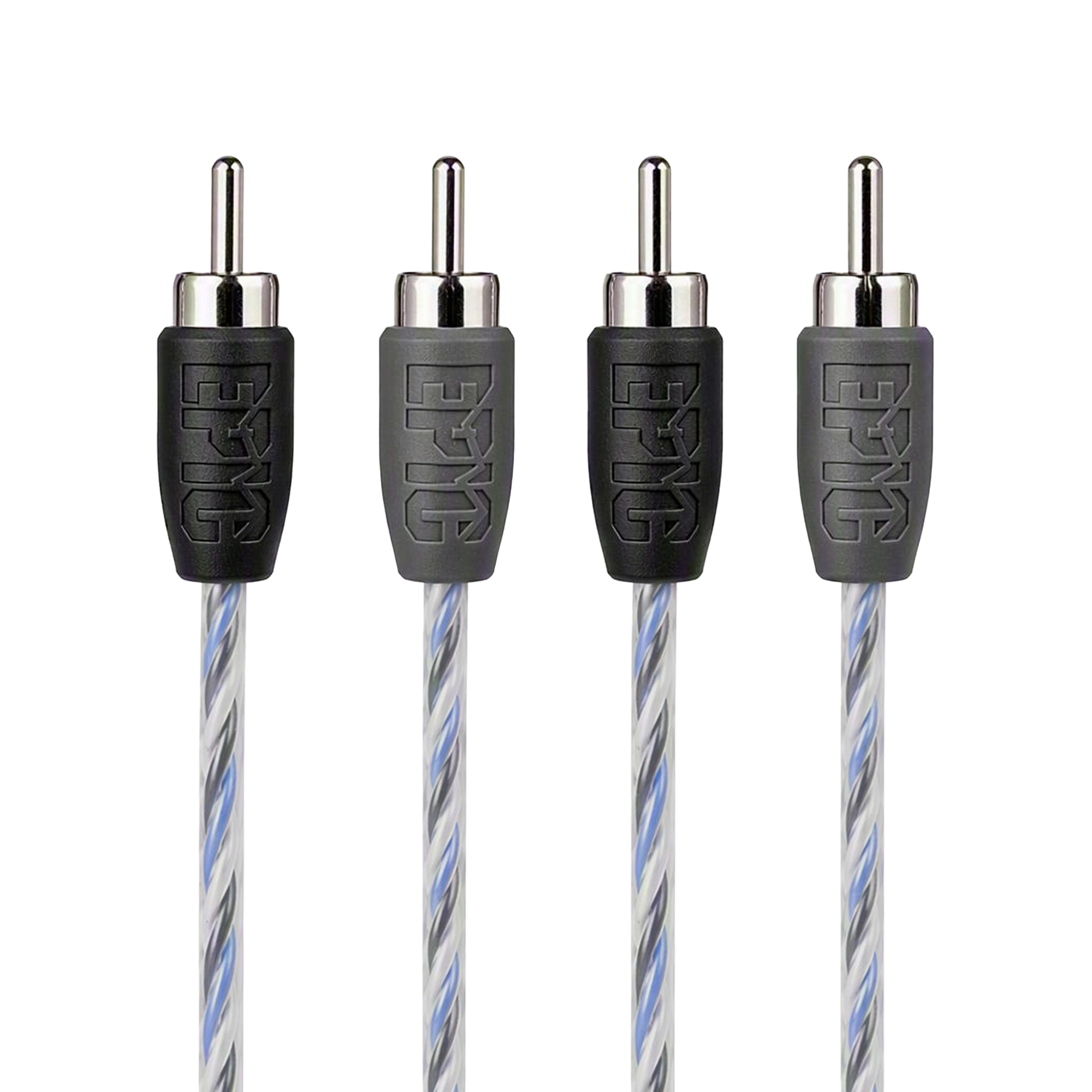 Four RCA audio cables with black and gray protective sleeves and silver-plated connectors, shown against a plain white background.