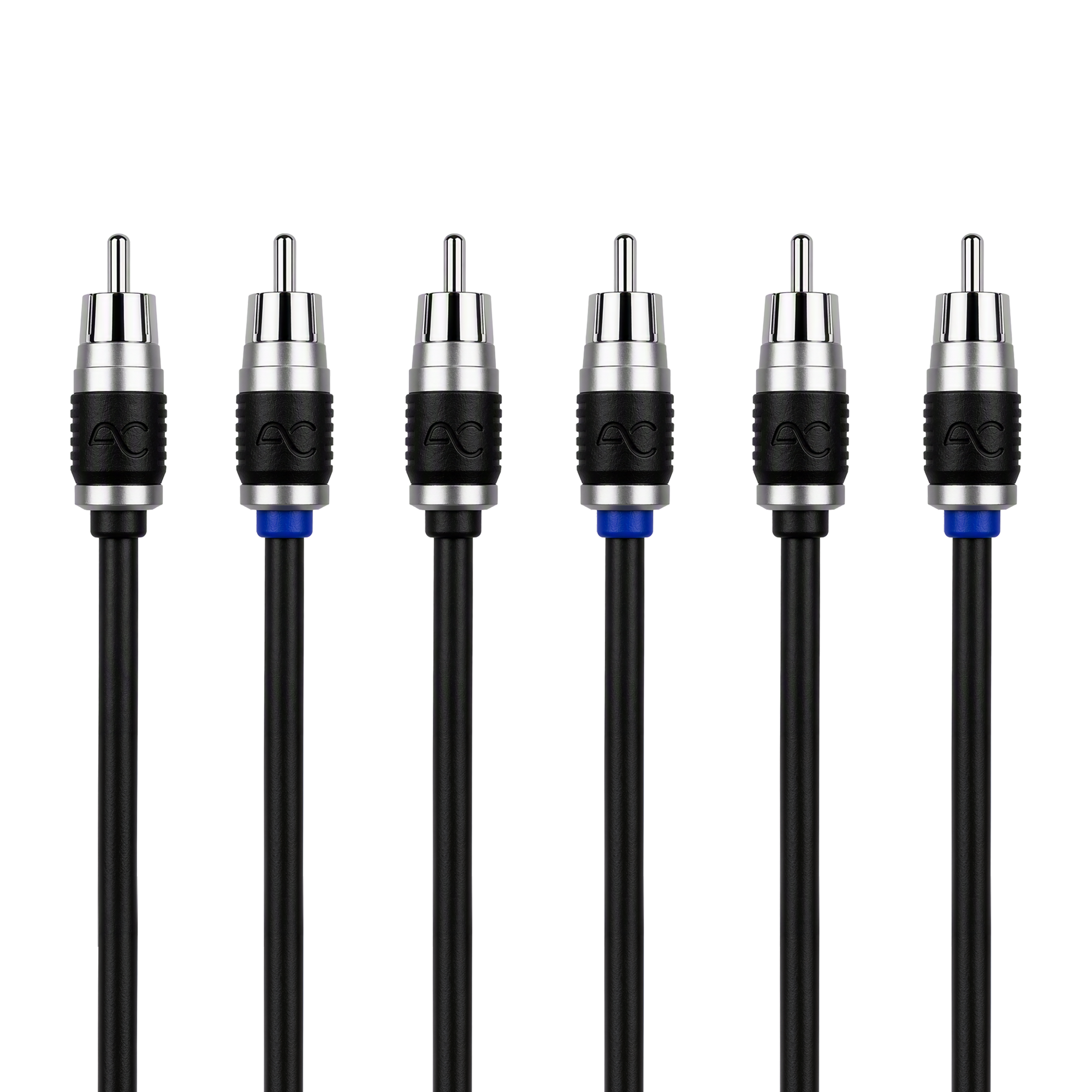 Six black audio RCA connectors aligned in a row on a white background, each with a black cable and silver metal tip. Two connectors have a small blue ring accent and the center two show the embossed brand logo 'AO'.
