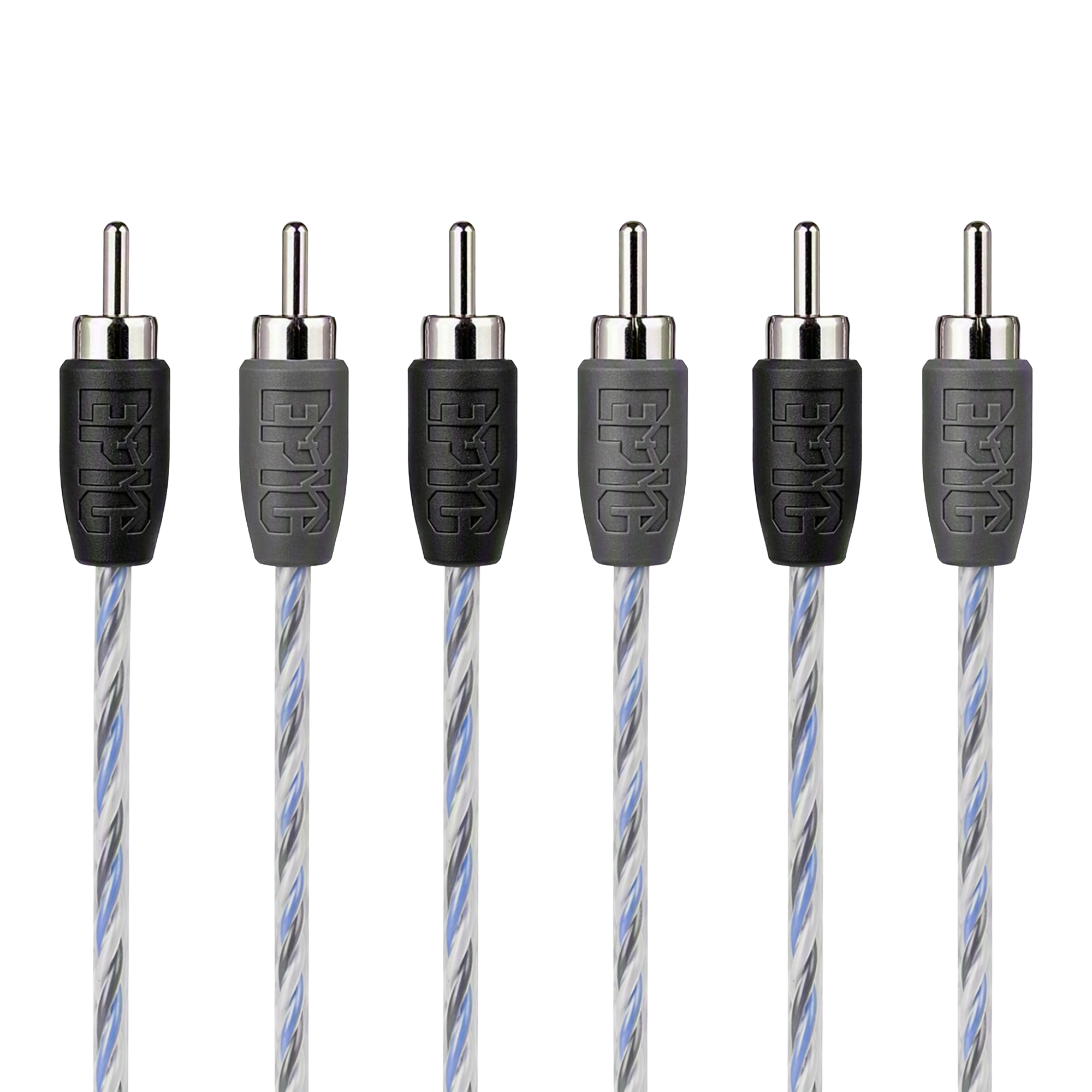 Six audio RCA cables with silver and blue twisted shielding, featuring black and gray protective tips embossed with the brand name 'EPK'.